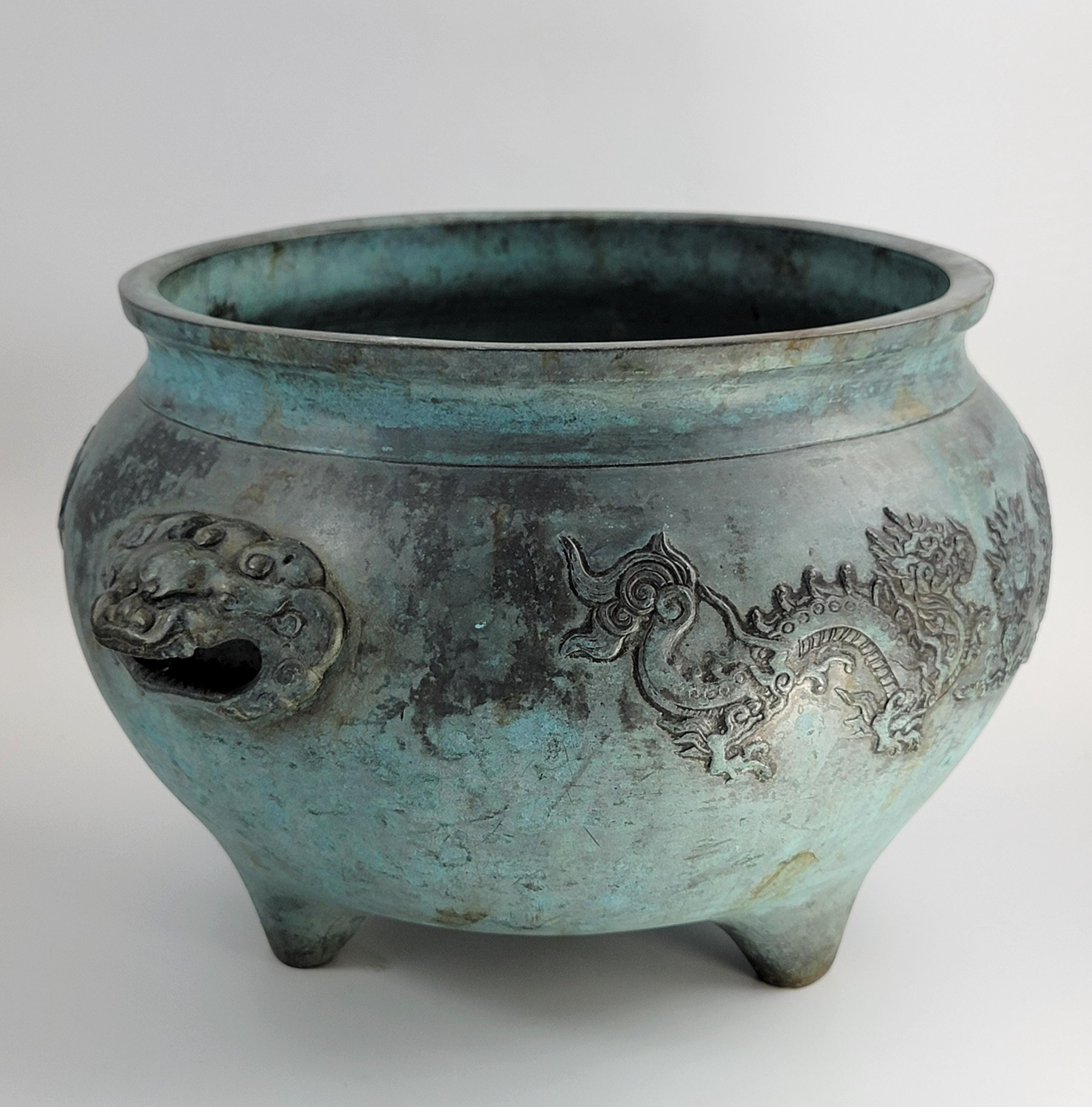 Antique Chinese Bronze Censer, Large Tripod Incense Burner, Dragon & Mask Handles, 19thC
