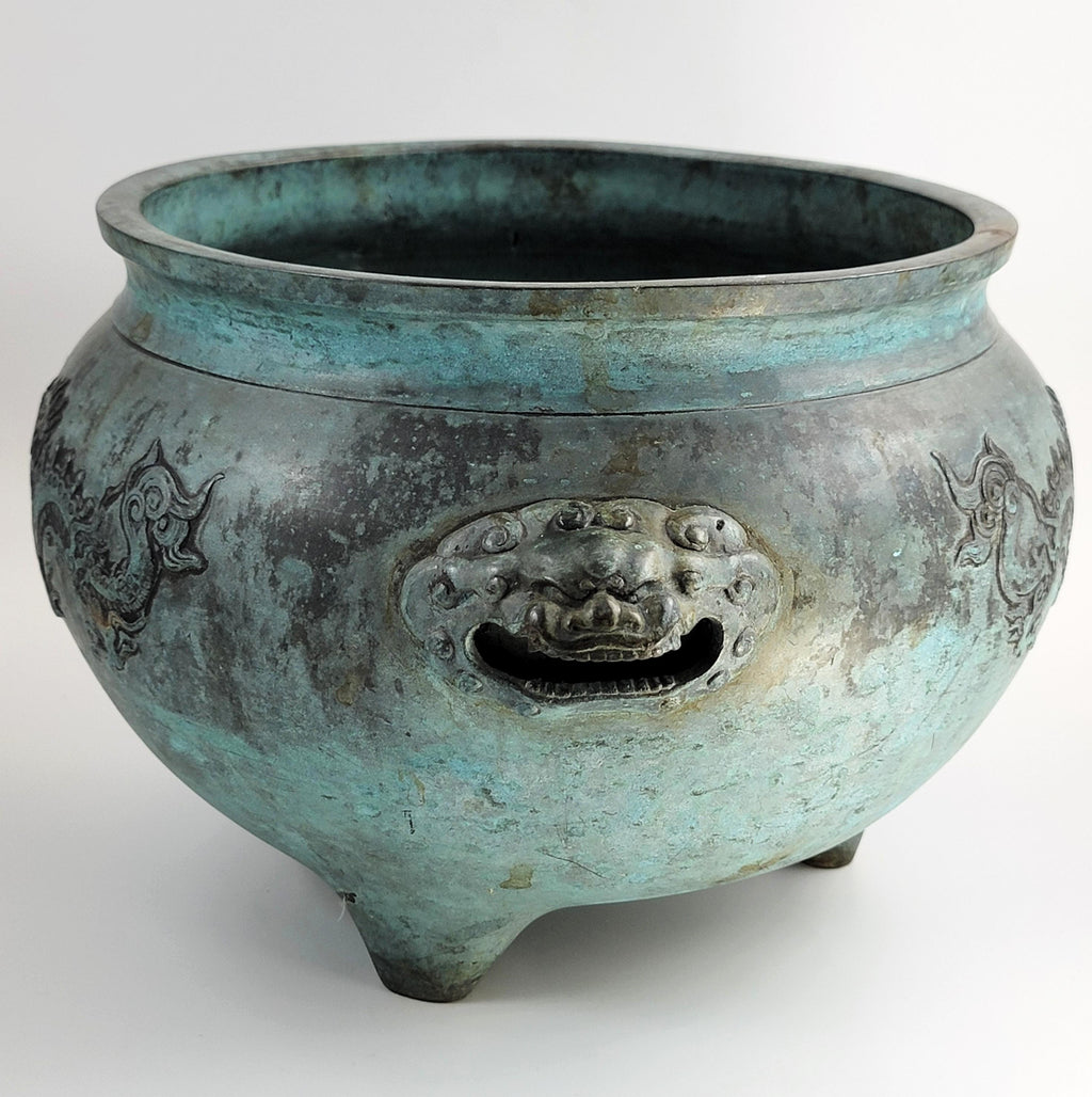 Antique Chinese Bronze Censer, Large Tripod Incense Burner, Dragon & Mask Handles, 19thC