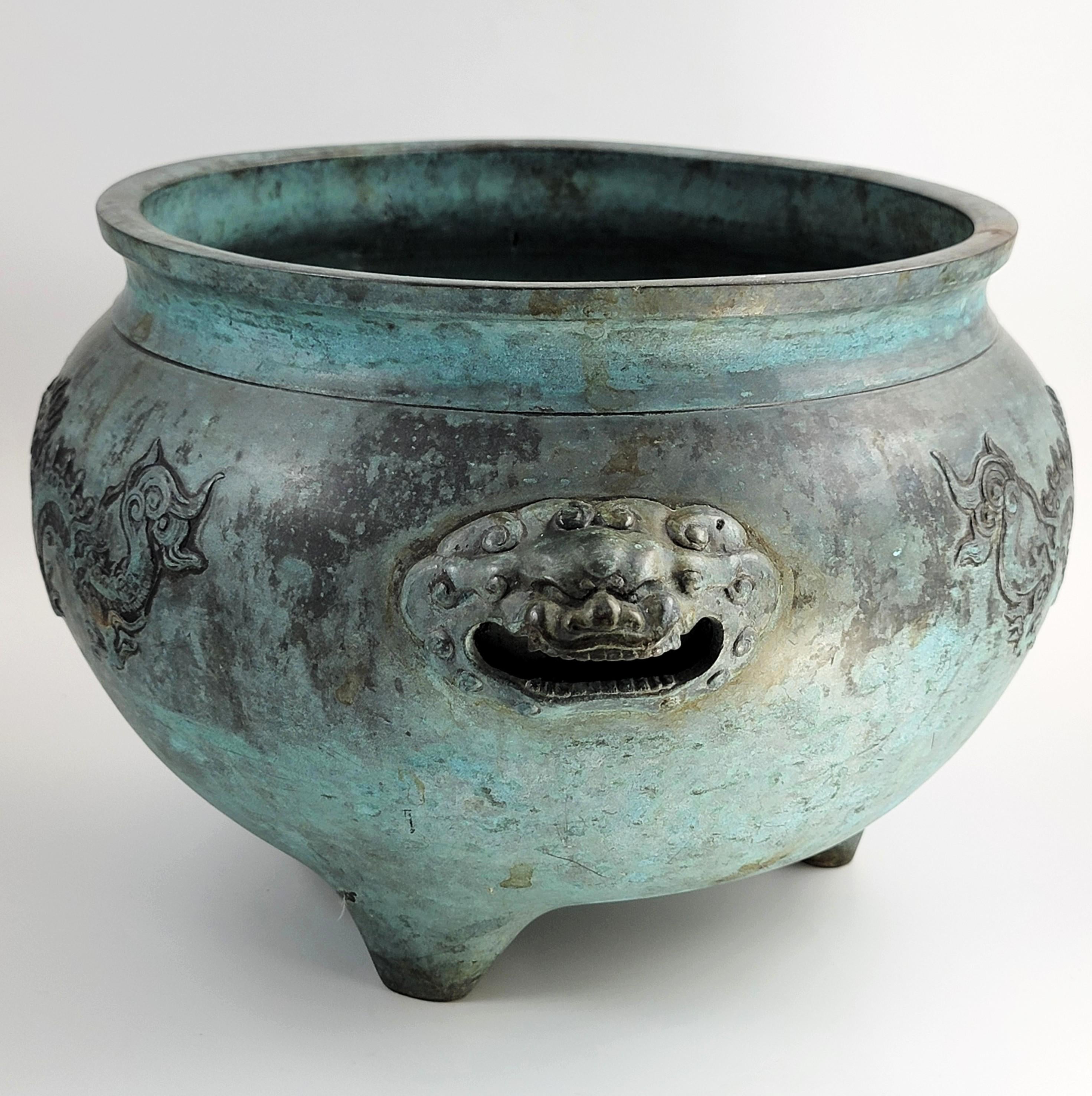 Antique Chinese Bronze Censer, Large Tripod Incense Burner, Dragon & Mask Handles, 19thC
