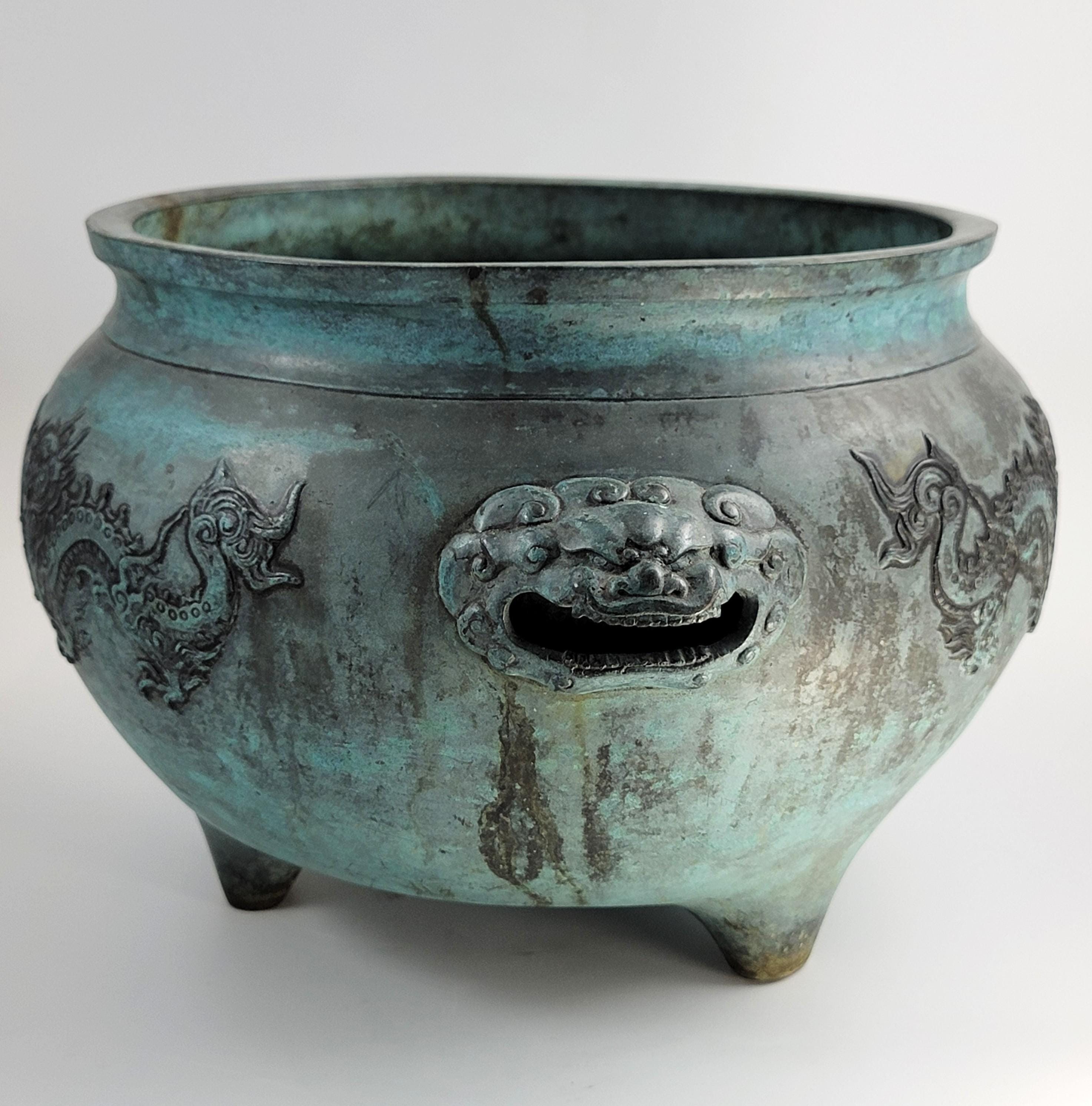 Antique Chinese Bronze Censer, Large Tripod Incense Burner, Dragon & Mask Handles, 19thC