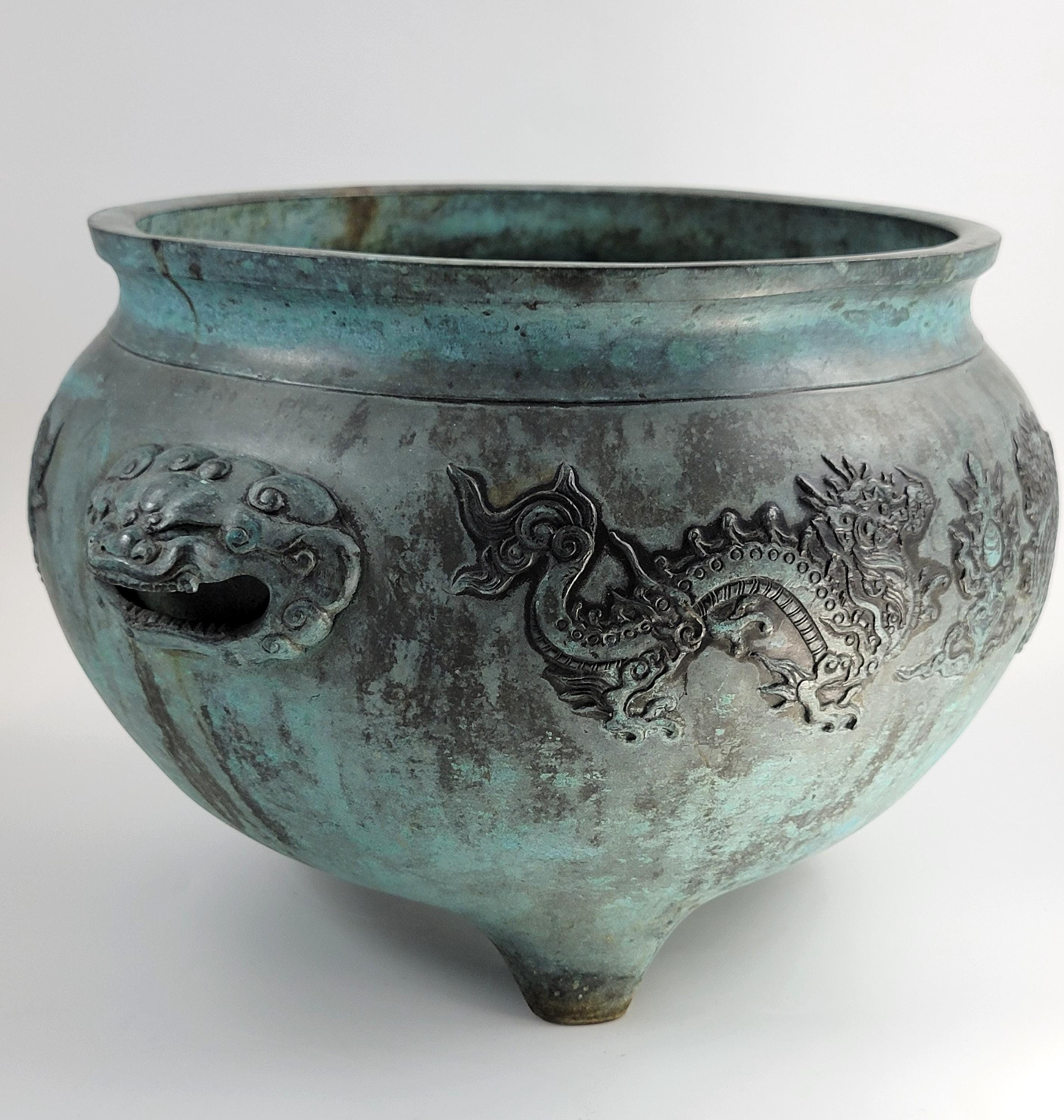 Antique Chinese Bronze Censer, Large Tripod Incense Burner, Dragon & Mask Handles, 19thC