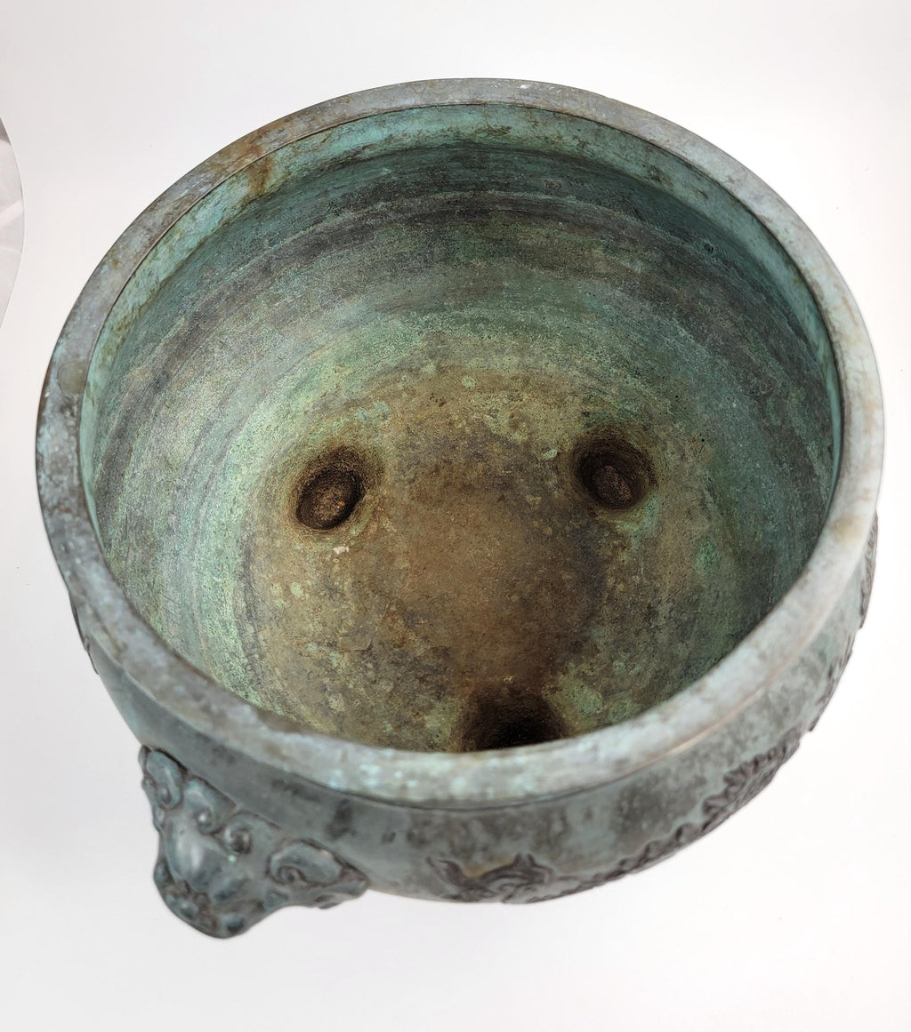 Antique Chinese Bronze Censer, Large Tripod Incense Burner, Dragon & Mask Handles, 19thC
