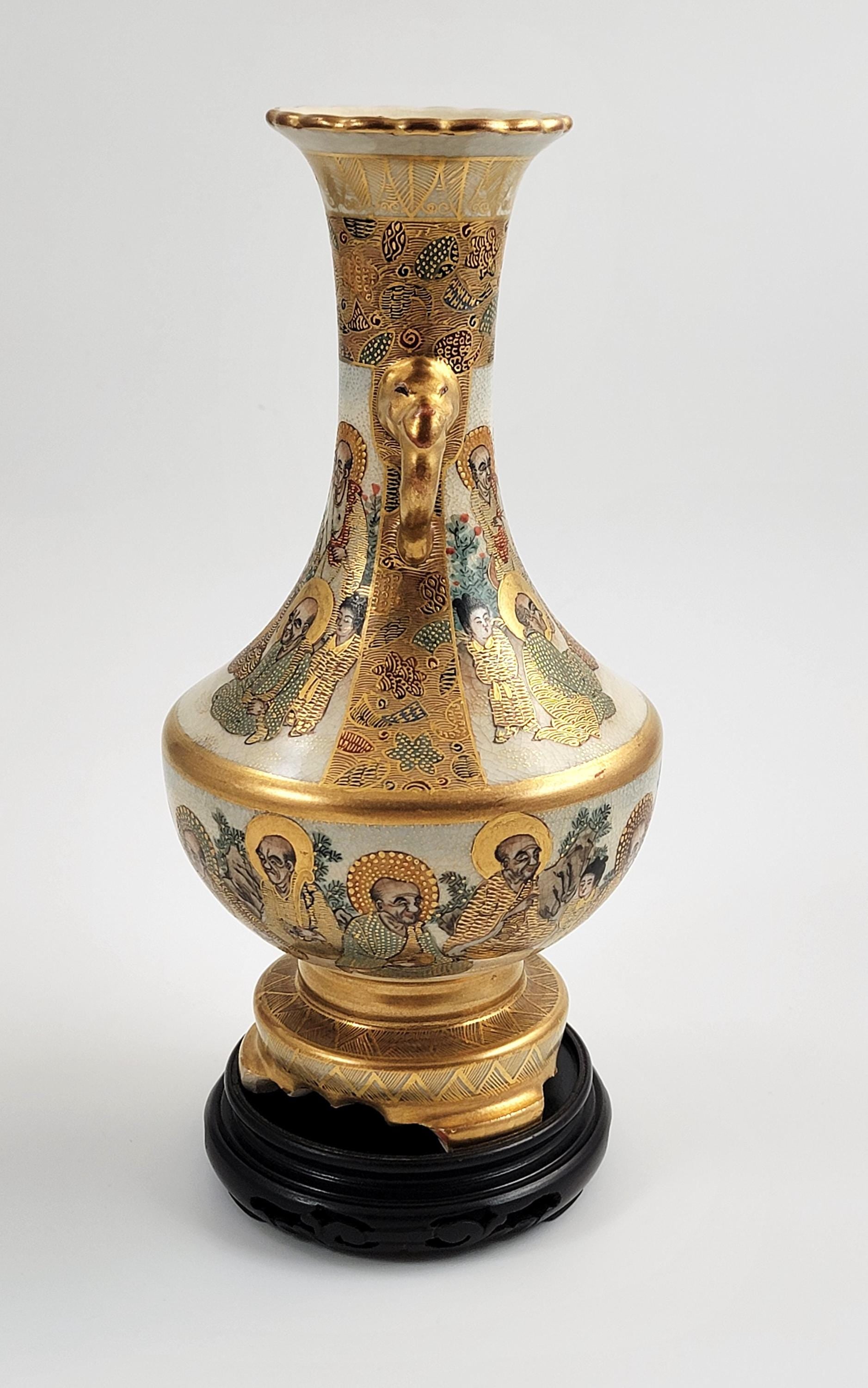 Antique Satsuma Vase: Meiji Era Japanese Rakan & Elephant Handles, Shimazu Mark