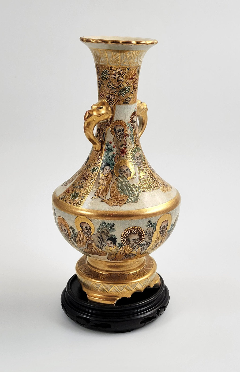 Antique Satsuma Vase: Meiji Era Japanese Rakan & Elephant Handles, Shimazu Mark
