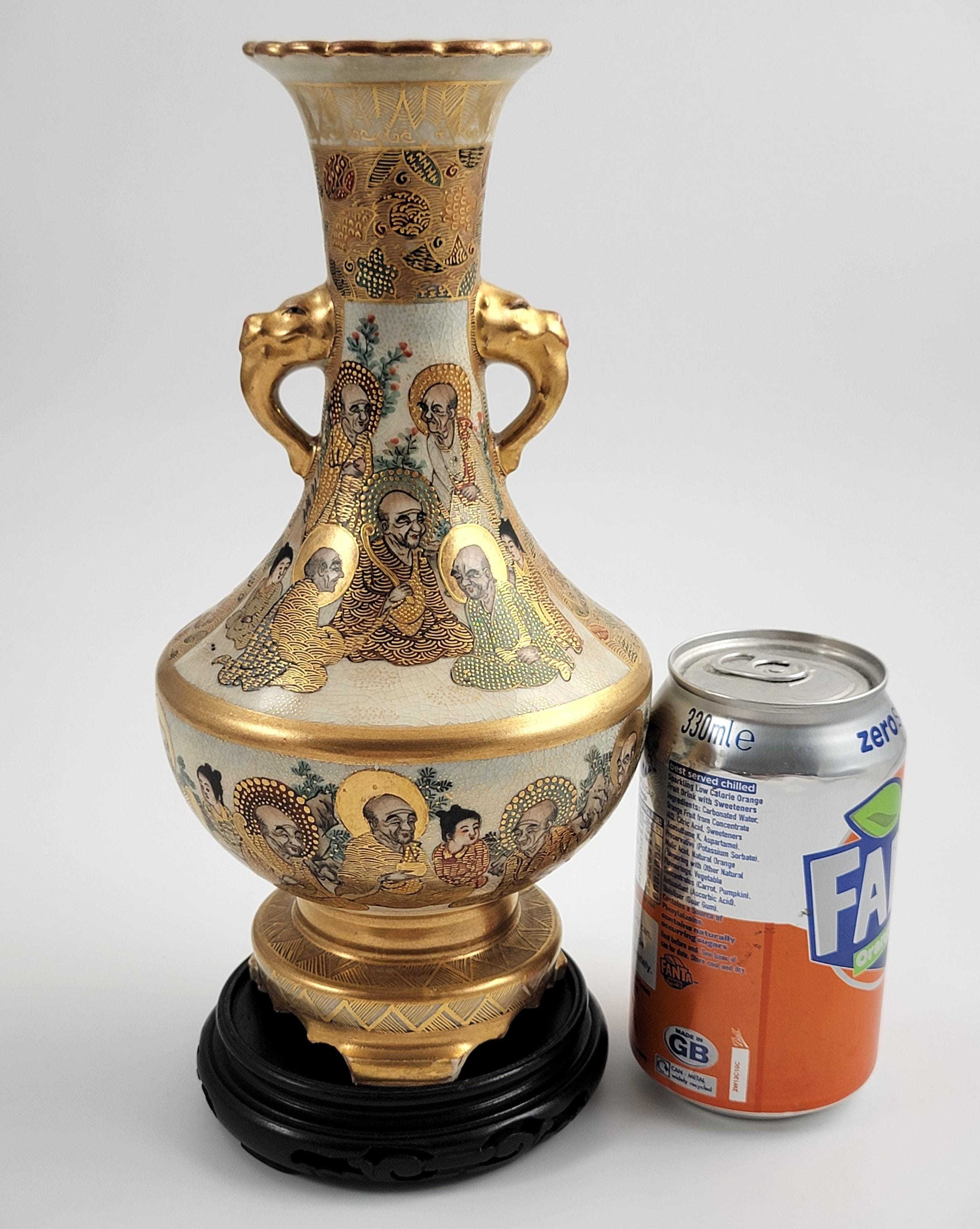 Antique Satsuma Vase: Meiji Era Japanese Rakan & Elephant Handles, Shimazu Mark