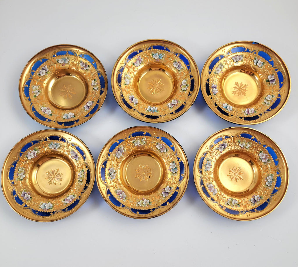 Antique Moser Tea Set: Hand-Gilded Cobalt Glass, Raised Enamel, c.1890