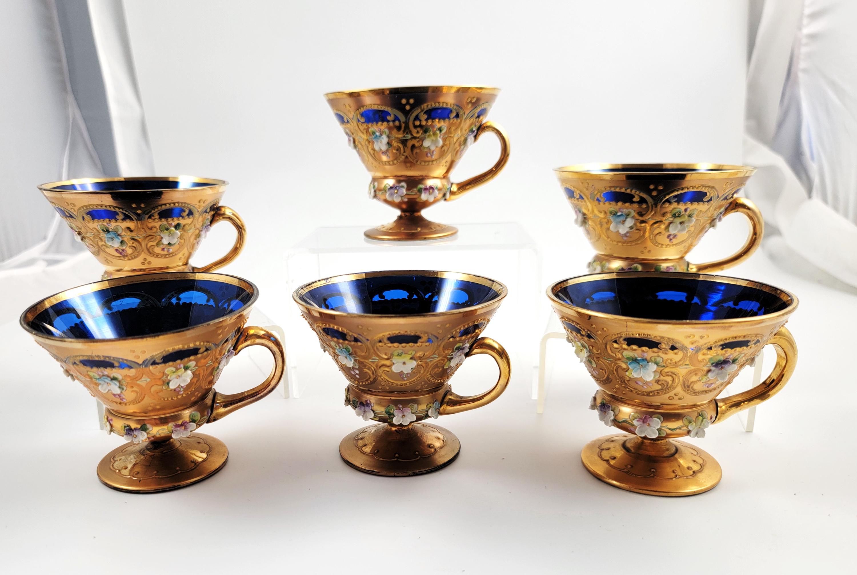 Antique Moser Tea Set: Hand-Gilded Cobalt Glass, Raised Enamel, c.1890