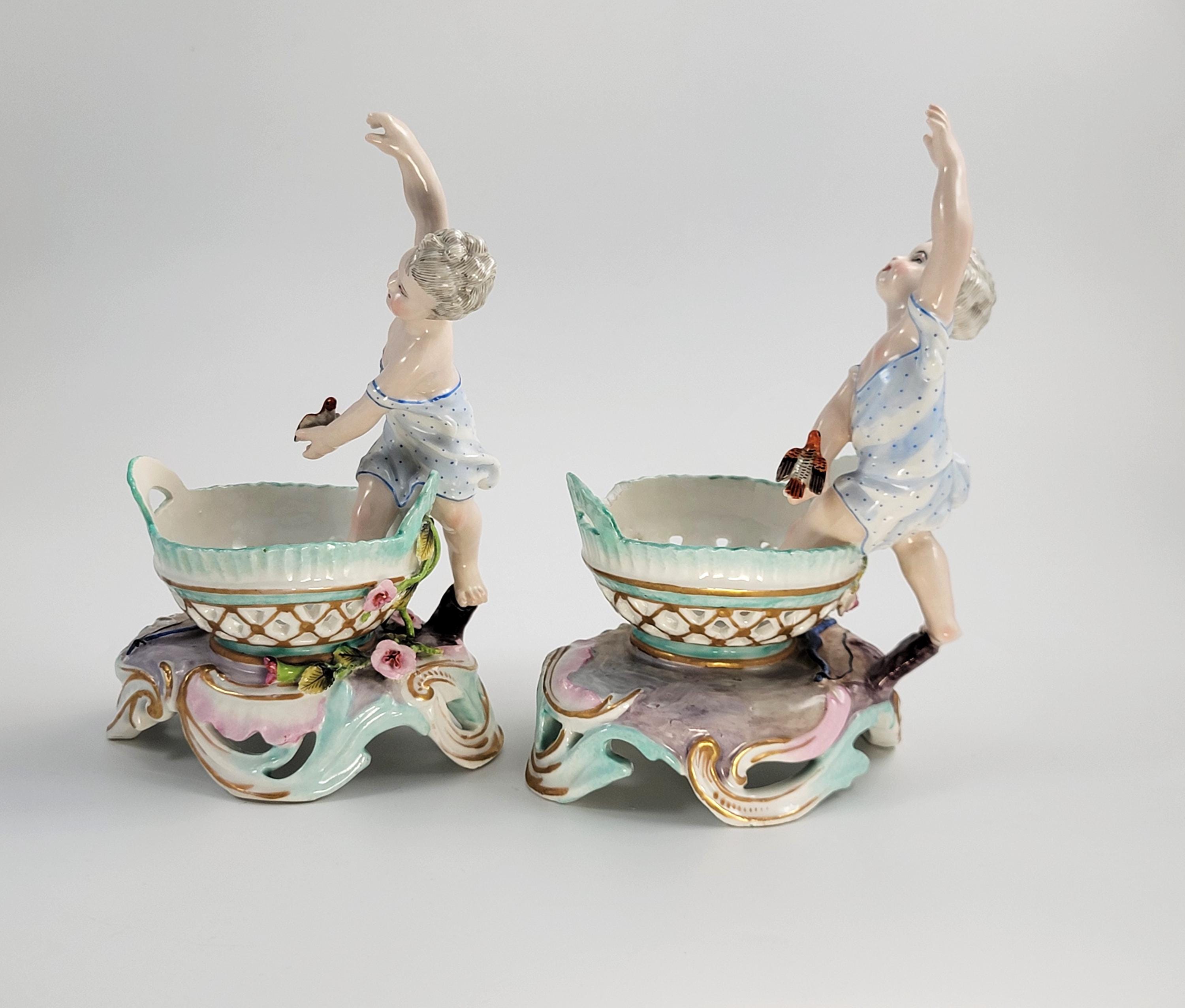 Antique Pair of German Porcelain Sweetmeat Figures, Attributed to Volkstedt, 19th Century Meissen Style