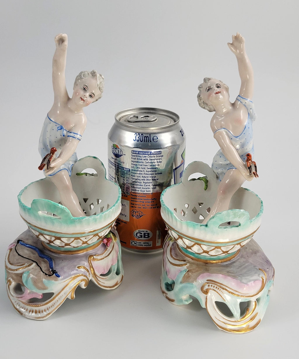 Antique Pair of German Porcelain Sweetmeat Figures, Attributed to Volkstedt, 19th Century Meissen Style
