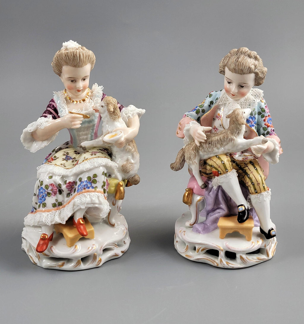 Antique Sitzendorf Porcelain Figurines: Boy and Girl with Lambs, Dresden Lace