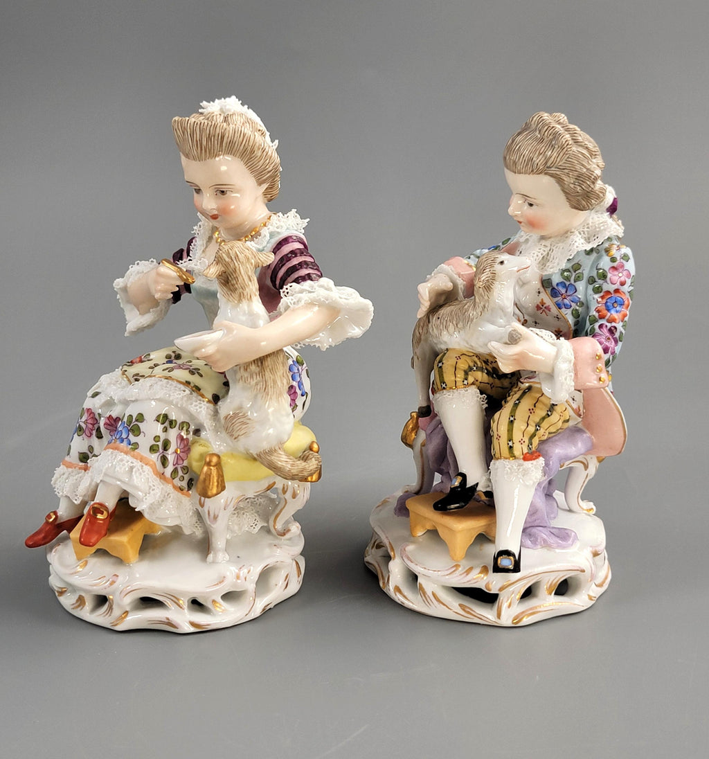 Antique Sitzendorf Porcelain Figurines: Boy and Girl with Lambs, Dresden Lace