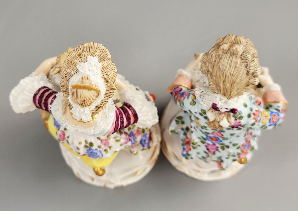 Antique Sitzendorf Porcelain Figurines: Boy and Girl with Lambs, Dresden Lace