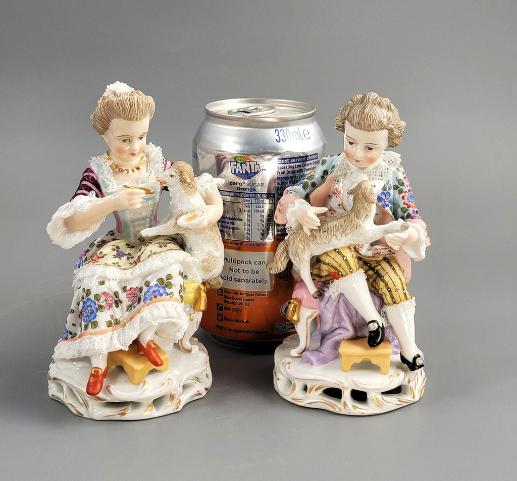 Antique Sitzendorf Porcelain Figurines: Boy and Girl with Lambs, Dresden Lace