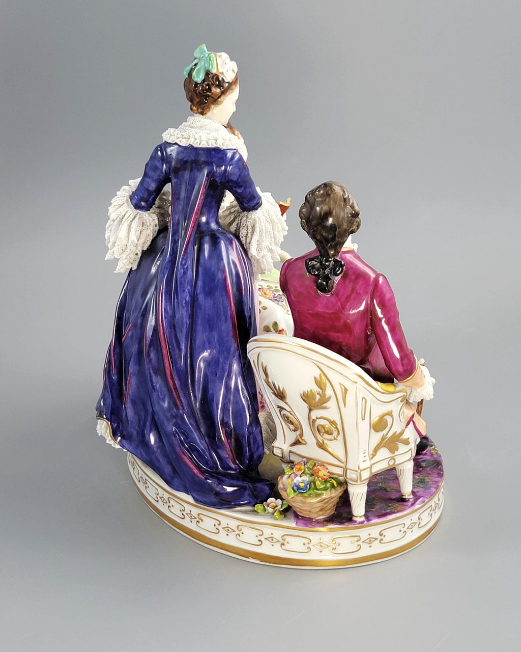 Antique Volkstedt Porcelain Figurine Group “Le Toilette”, Salon Scene, Porcelain Lace, Germany, c. 1915