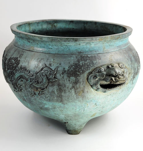Antique Chinese Bronze Censer, Large Tripod Incense Burner, Dragon & Mask Handles, 19thC