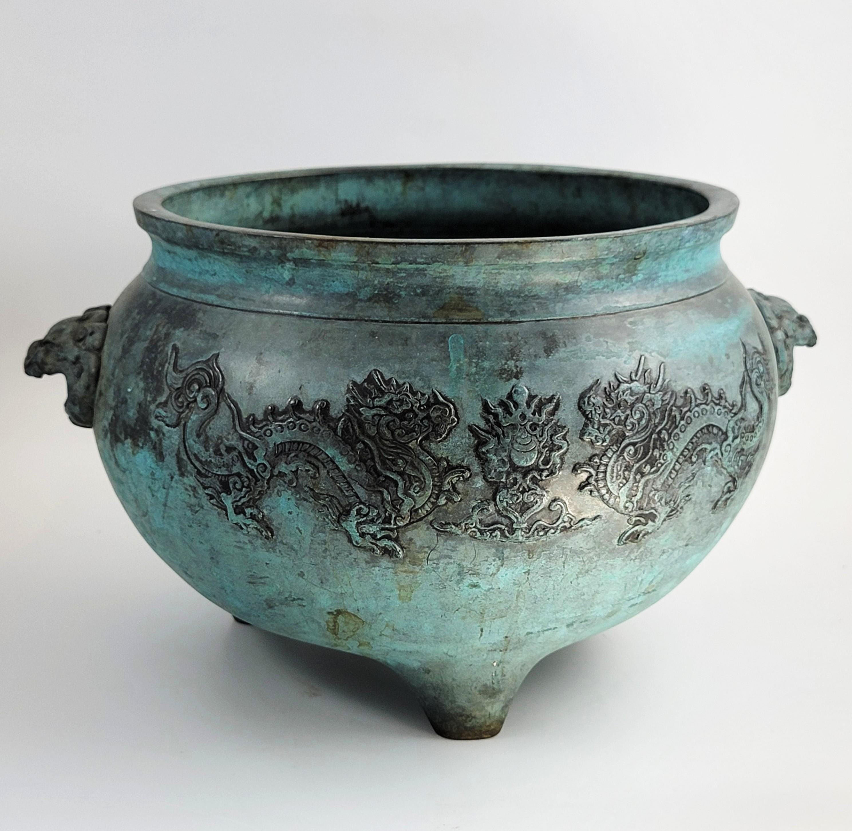 Antique Chinese Bronze Censer, Large Tripod Incense Burner, Dragon & Mask Handles, 19thC