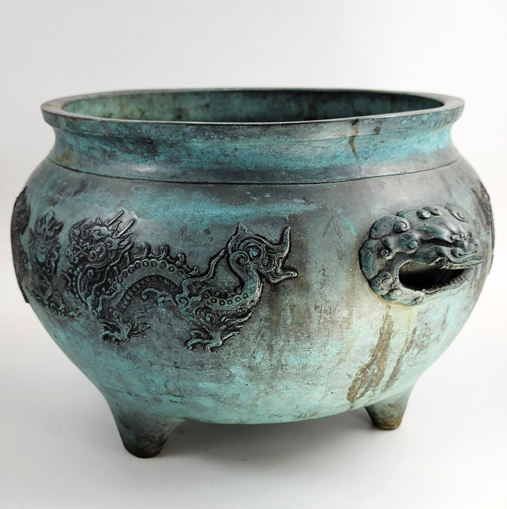 Antique Chinese Bronze Censer, Large Tripod Incense Burner, Dragon & Mask Handles, 19thC