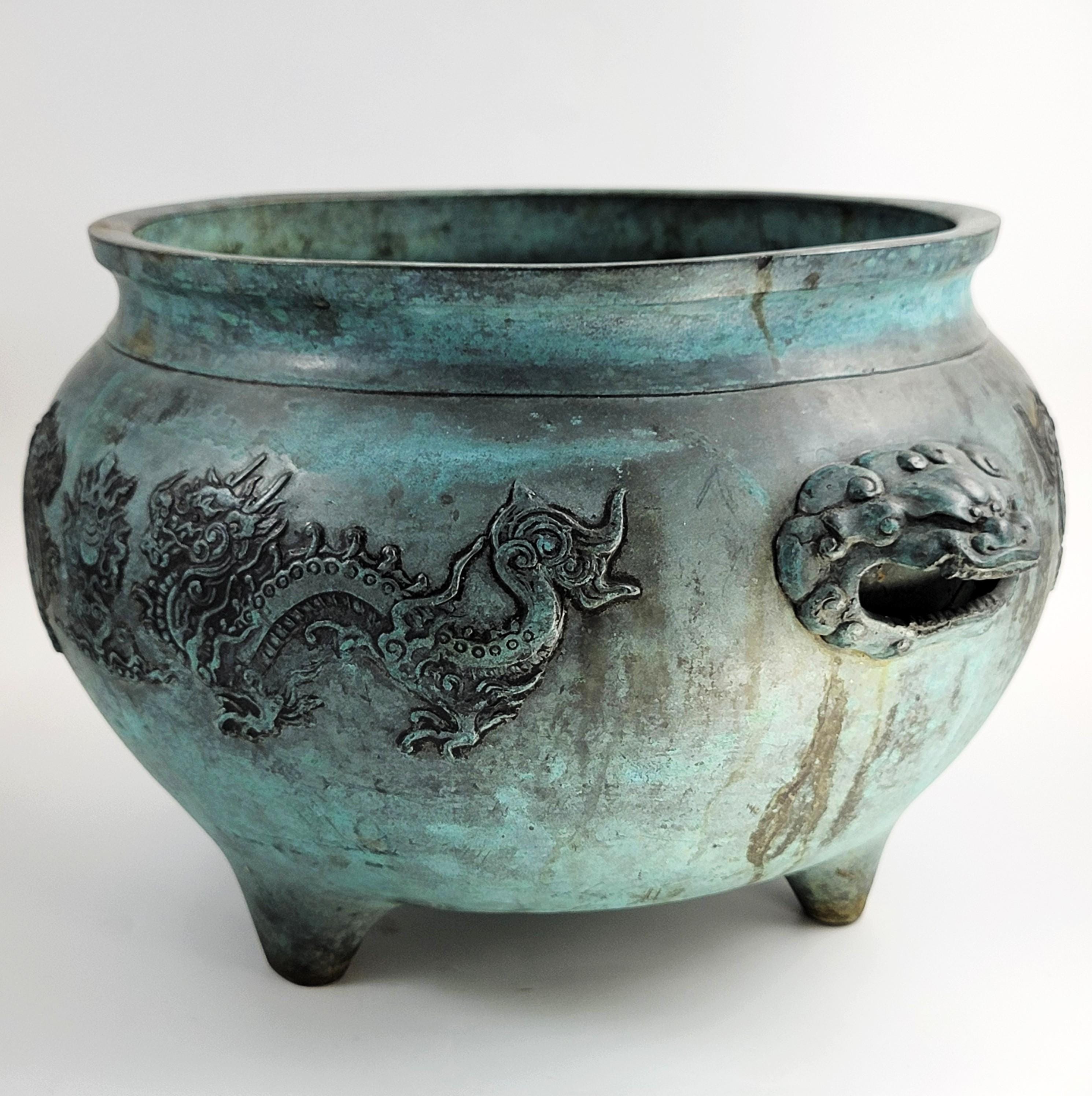 Antique Chinese Bronze Censer, Large Tripod Incense Burner, Dragon & Mask Handles, 19thC