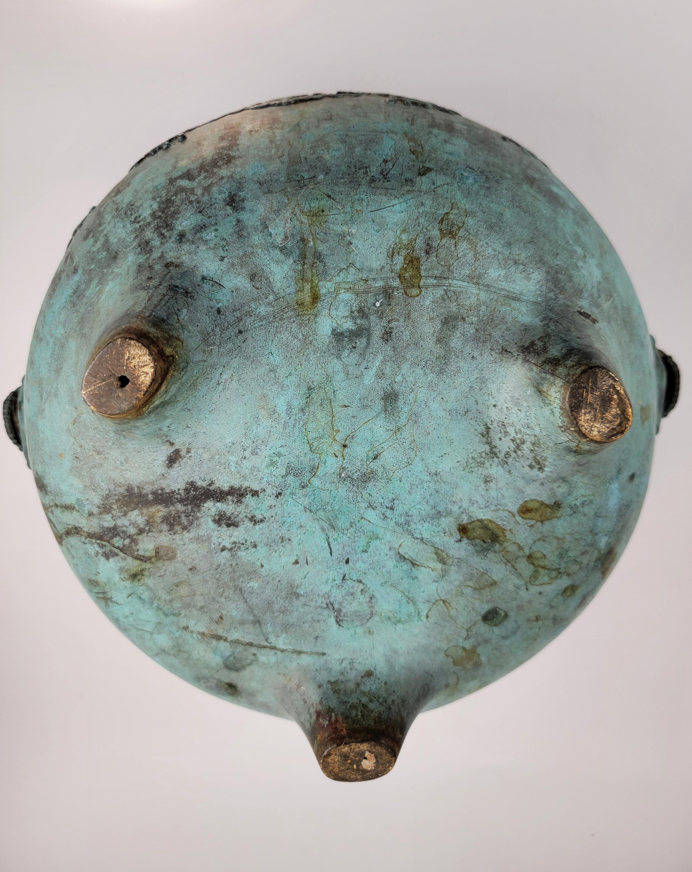 Antique Chinese Bronze Censer, Large Tripod Incense Burner, Dragon & Mask Handles, 19thC