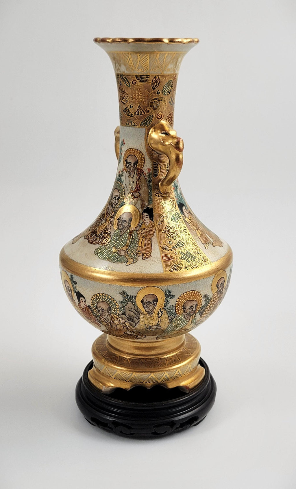Antique Satsuma Vase: Meiji Era Japanese Rakan & Elephant Handles, Shimazu Mark