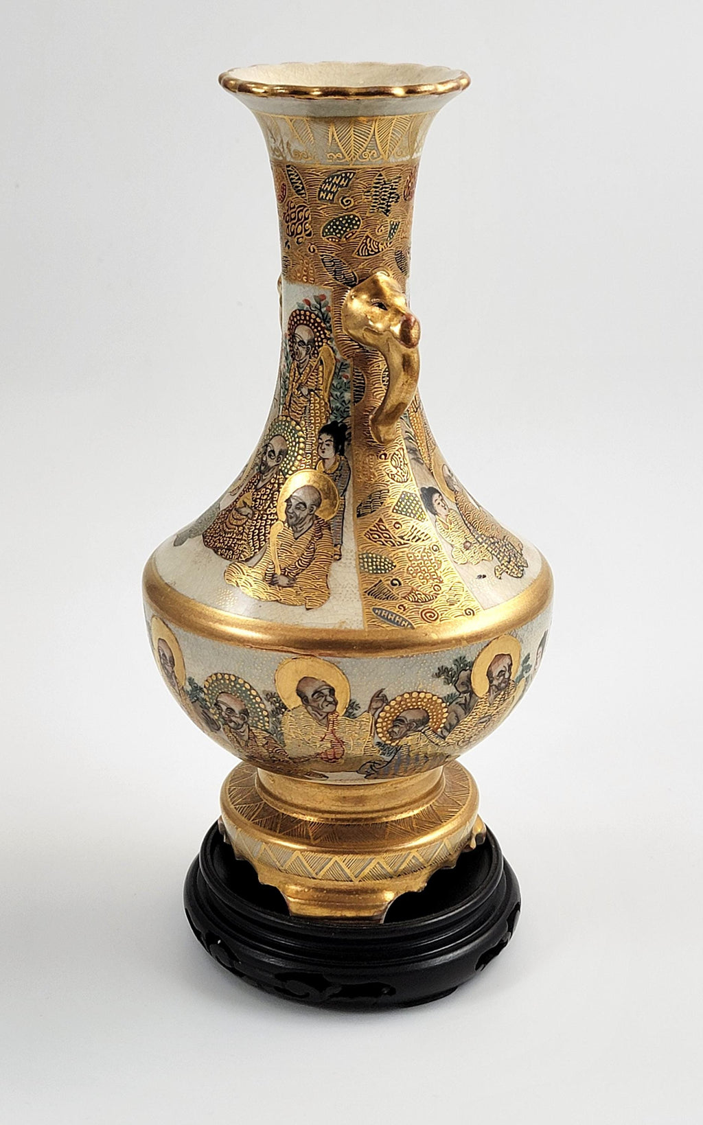 Antique Satsuma Vase: Meiji Era Japanese Rakan & Elephant Handles, Shimazu Mark