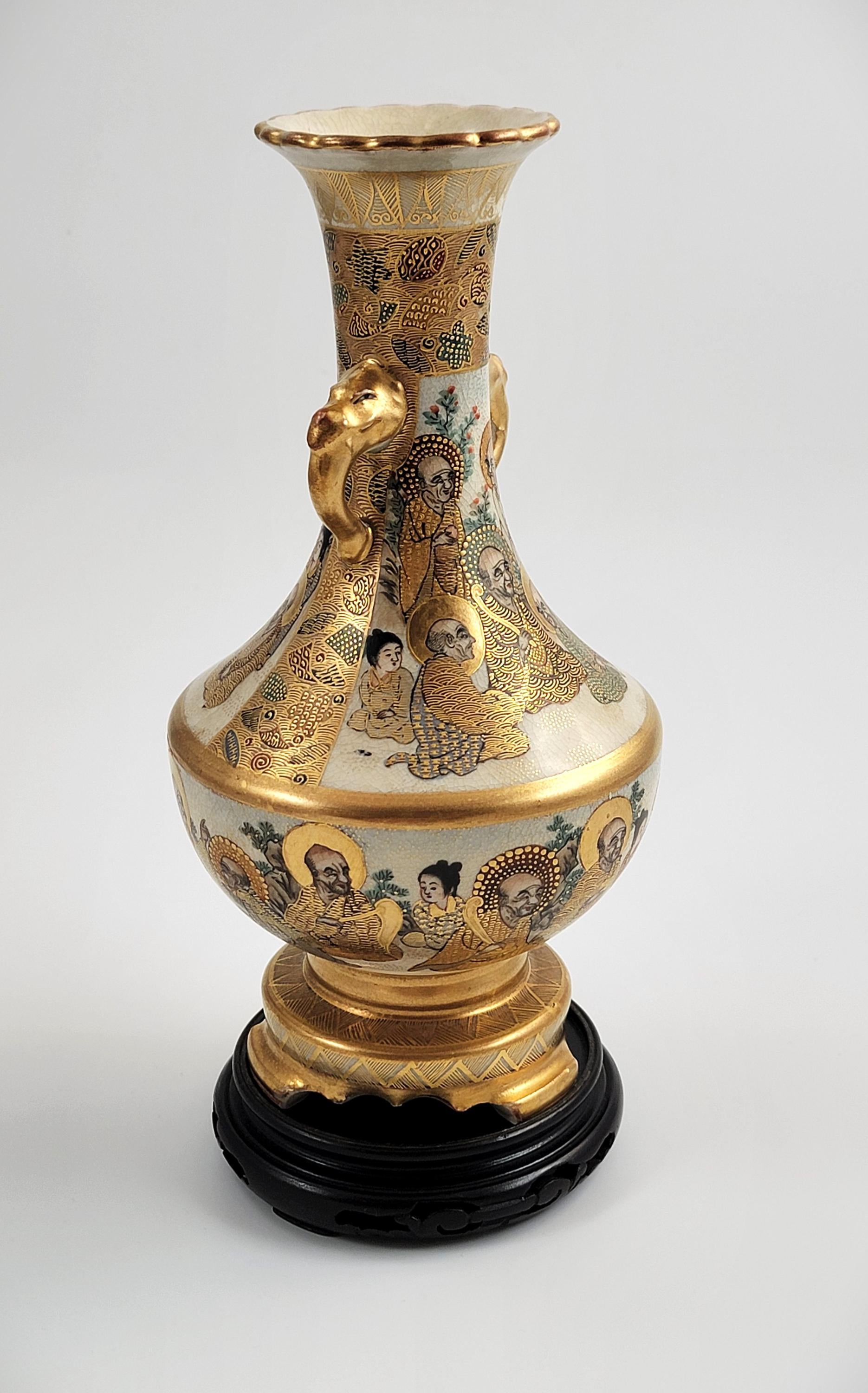 Antique Satsuma Vase: Meiji Era Japanese Rakan & Elephant Handles, Shimazu Mark