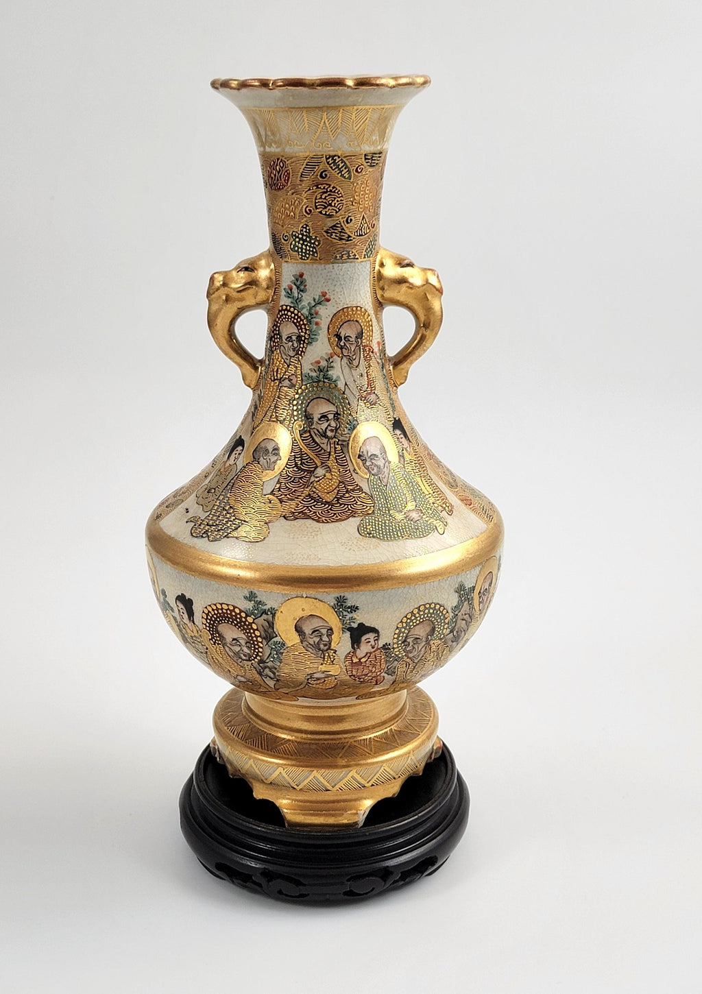 Antique Satsuma Vase: Meiji Era Japanese Rakan & Elephant Handles, Shimazu Mark