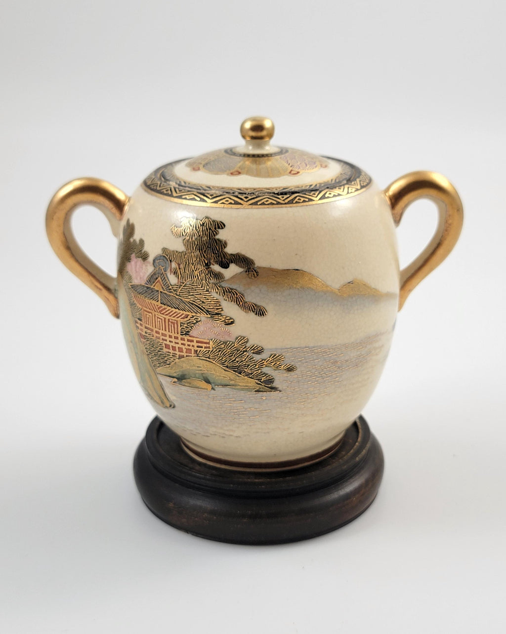 Meiji Period Satsuma Sugar Bowl: Signed Shozan, Kyoto Studio c.1880, with Stand