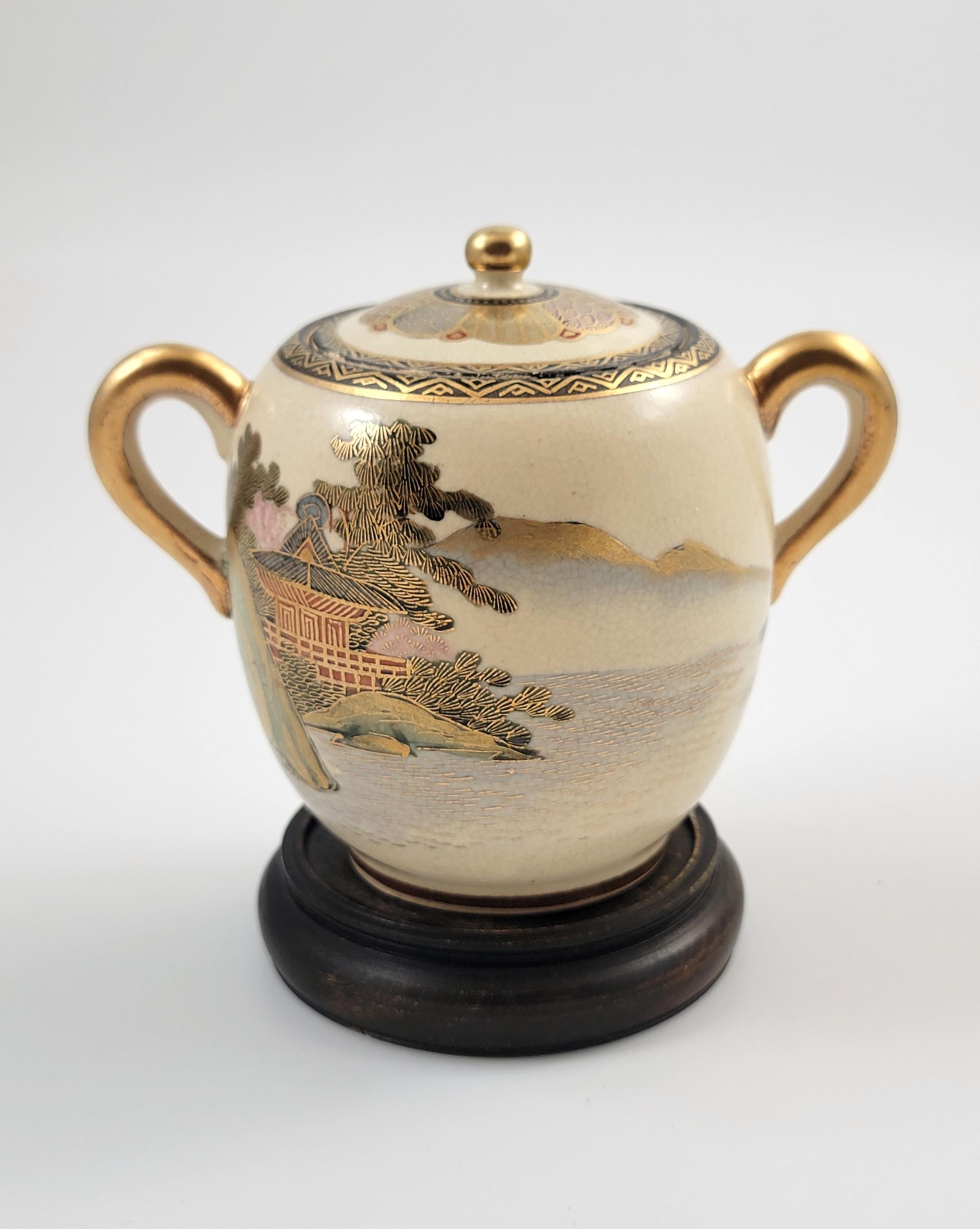 Meiji Period Satsuma Sugar Bowl: Signed Shozan, Kyoto Studio c.1880, with Stand