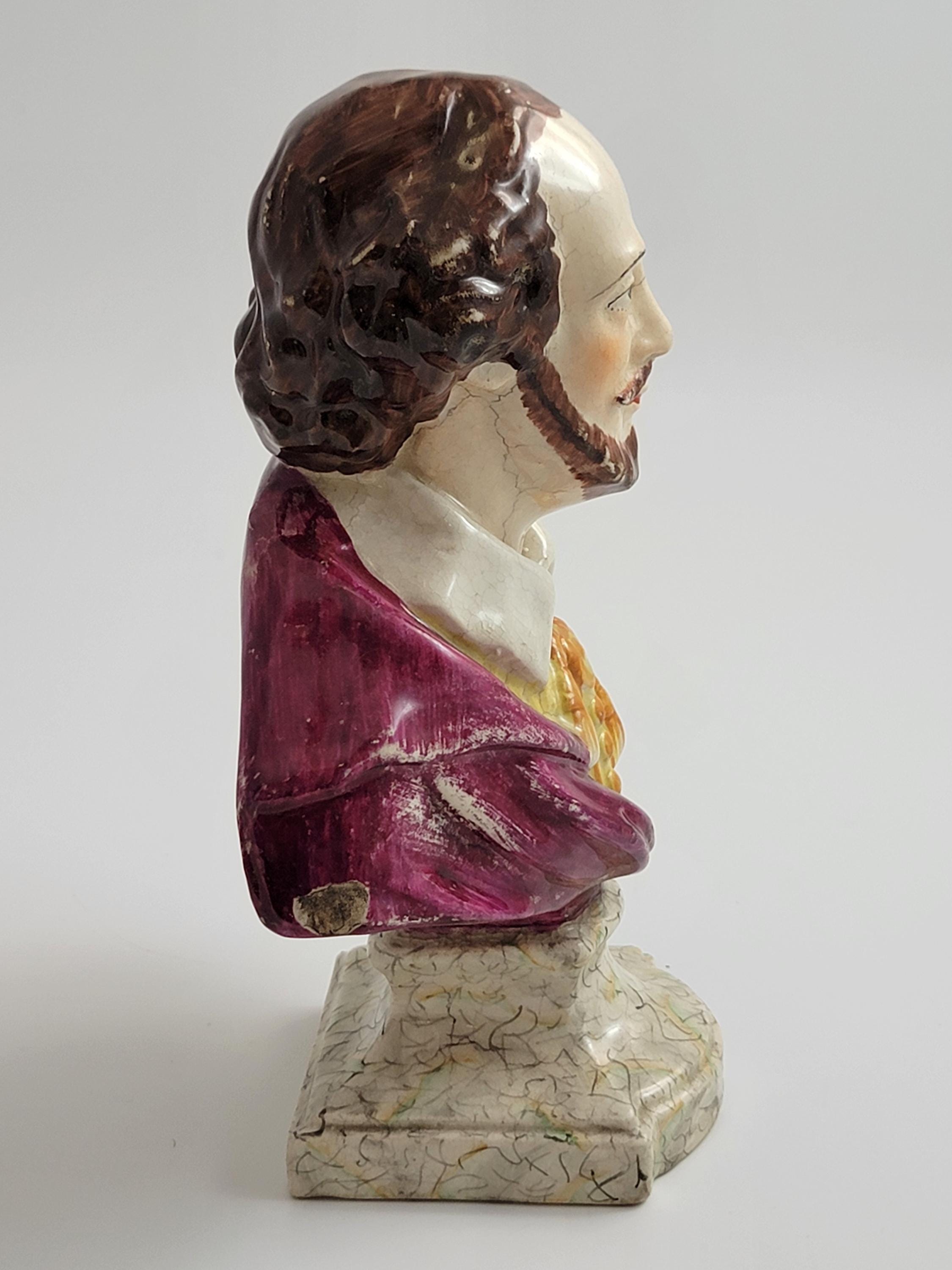 Antique Staffordshire Shakespeare Bust, c.1800, Glazed Earthenware, English Regency Pottery, Literary Collectible