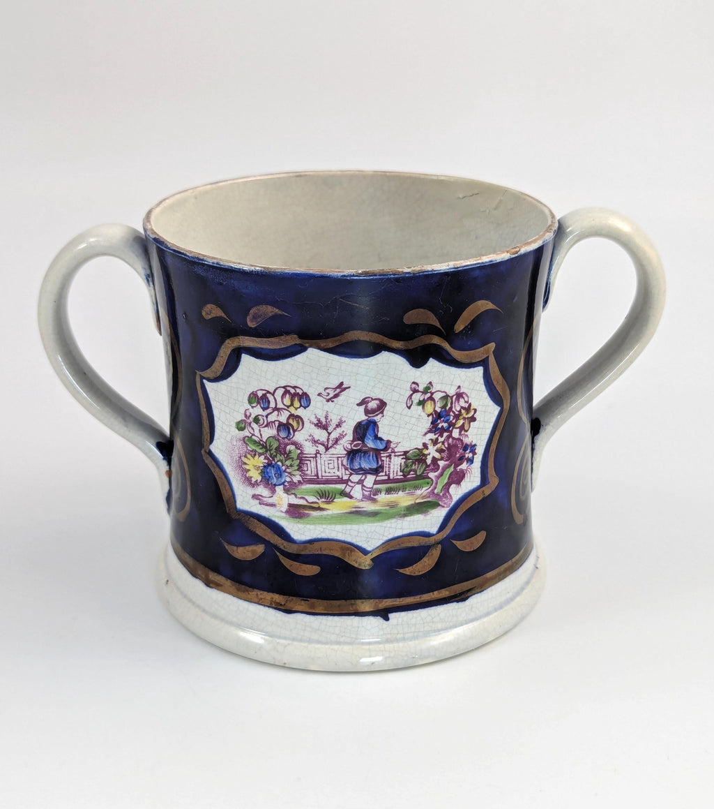 Antique Staffordshire Pearlware Mug: Chinoiserie Transfer, Cobalt & Gilt, c.1820