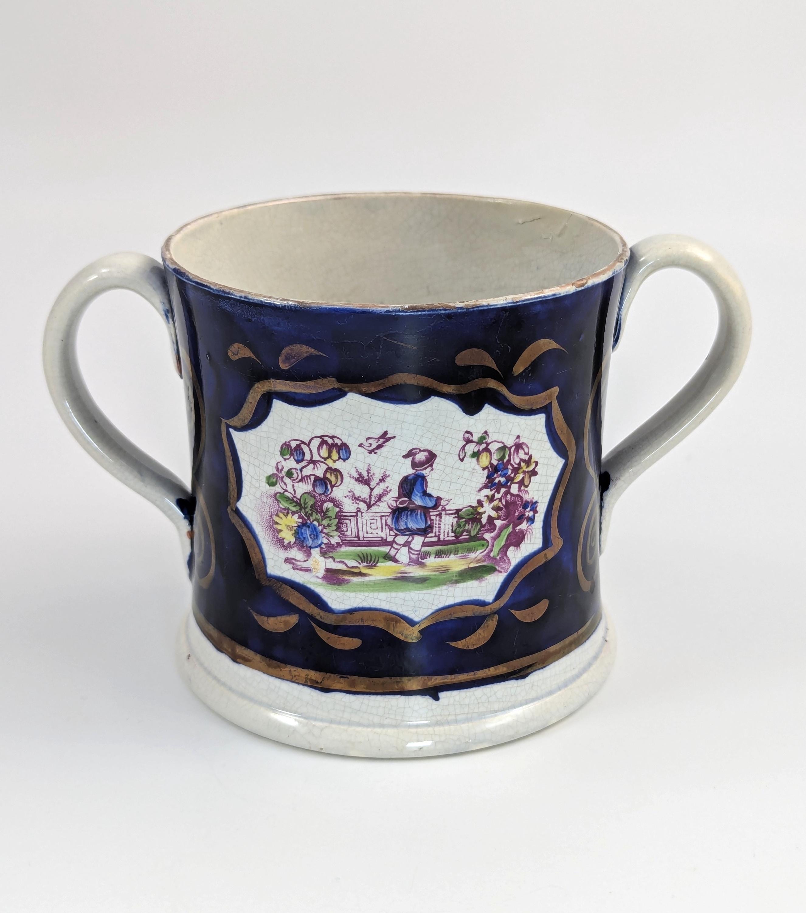 Antique Staffordshire Pearlware Mug: Chinoiserie Transfer, Cobalt & Gilt, c.1820