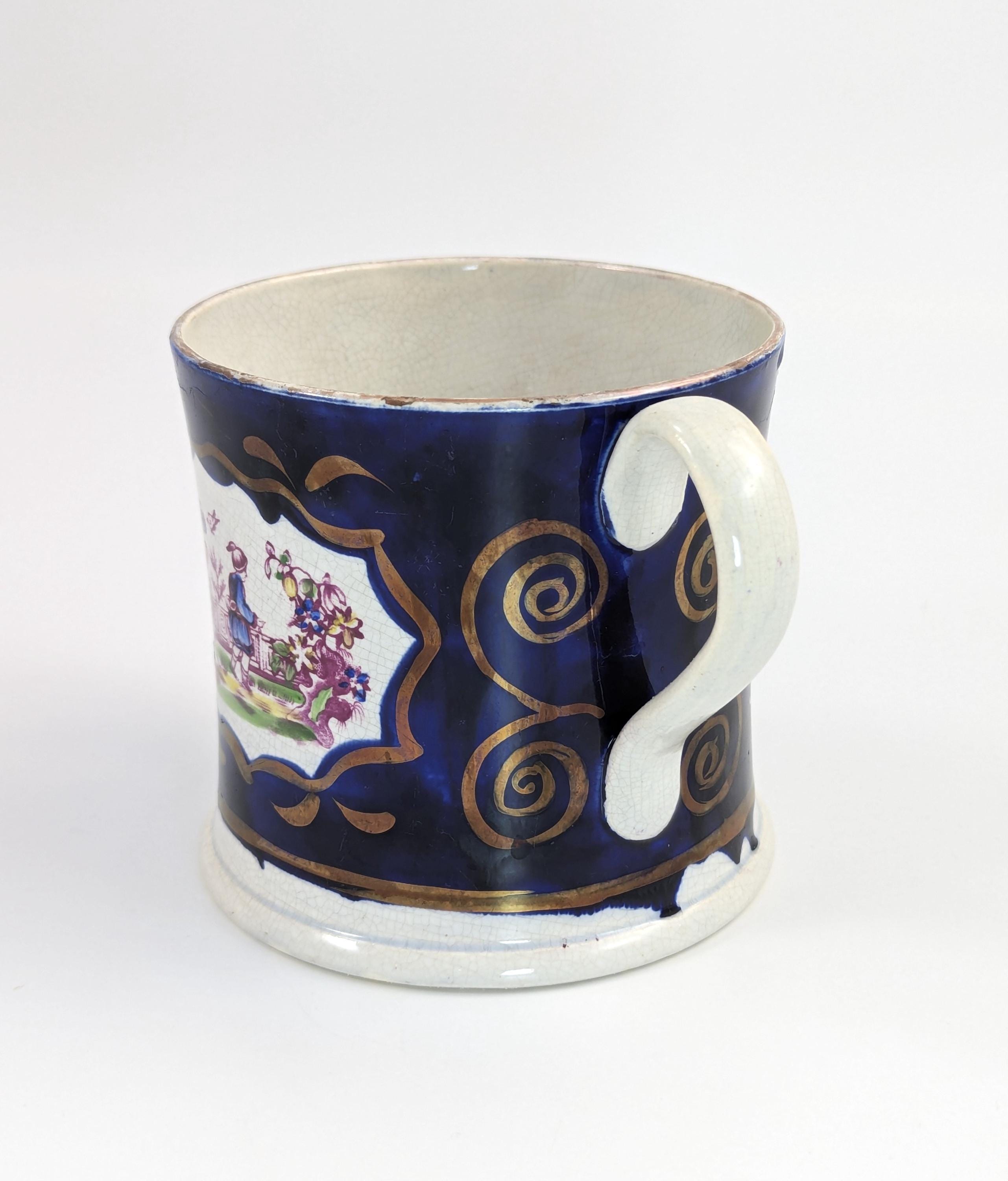 Antique Staffordshire Pearlware Mug: Chinoiserie Transfer, Cobalt & Gilt, c.1820