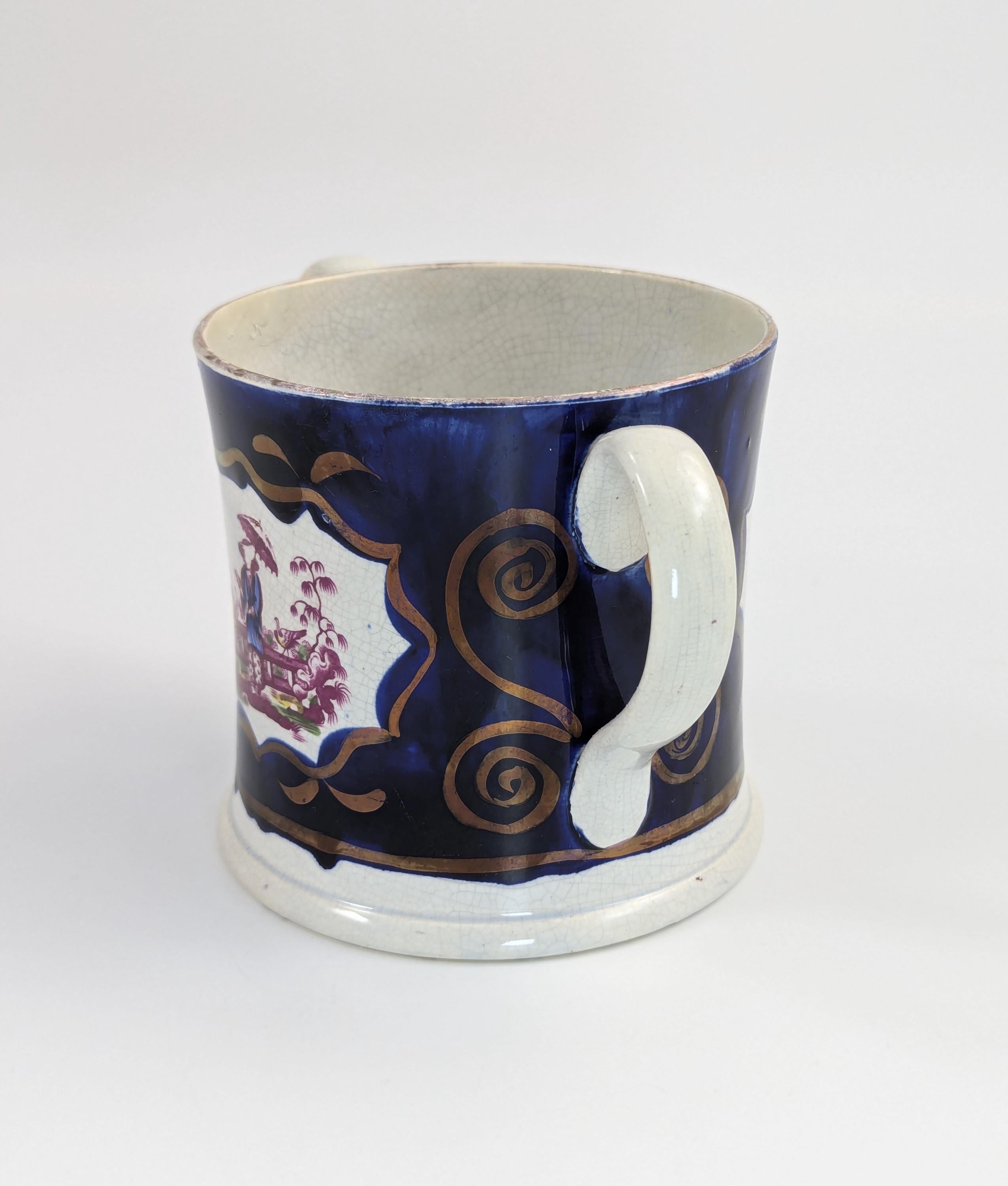 Antique Staffordshire Pearlware Mug: Chinoiserie Transfer, Cobalt & Gilt, c.1820