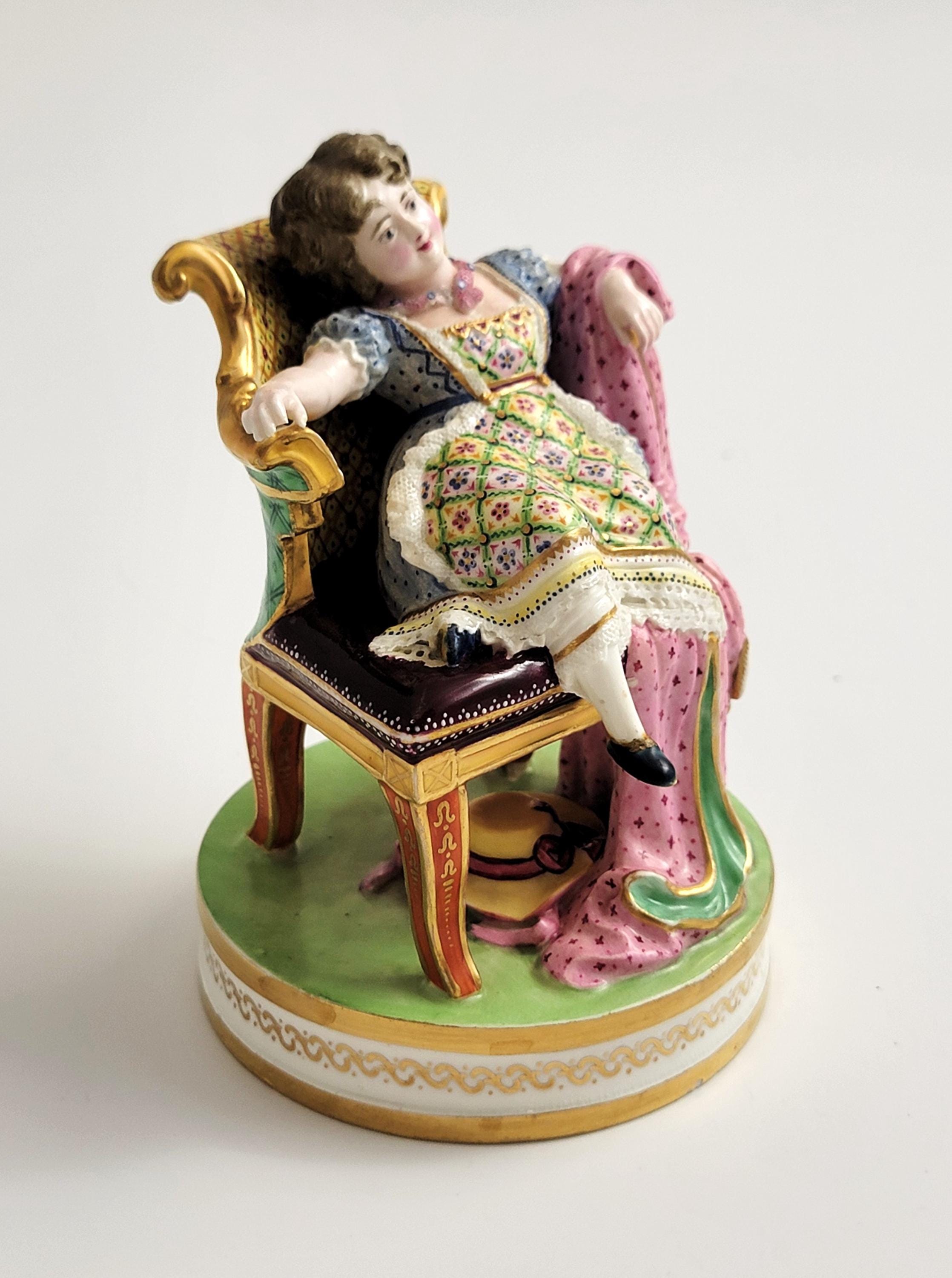 Rare Minton Porcelain Figure Girl in Louis XVI Chair, Shape No.125, Mid 19th Century