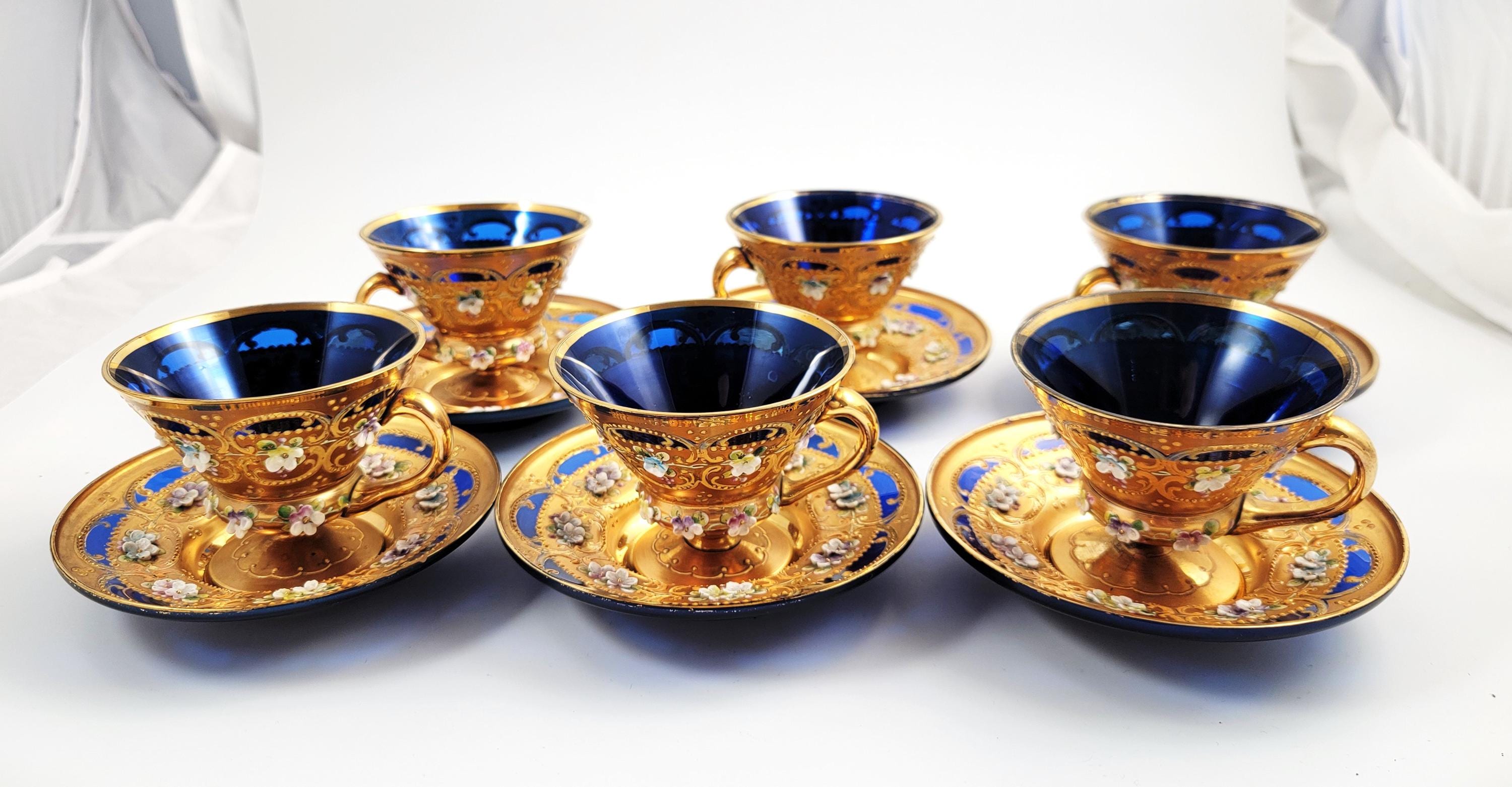 Antique Moser Tea Set: Hand-Gilded Cobalt Glass, Raised Enamel, c.1890