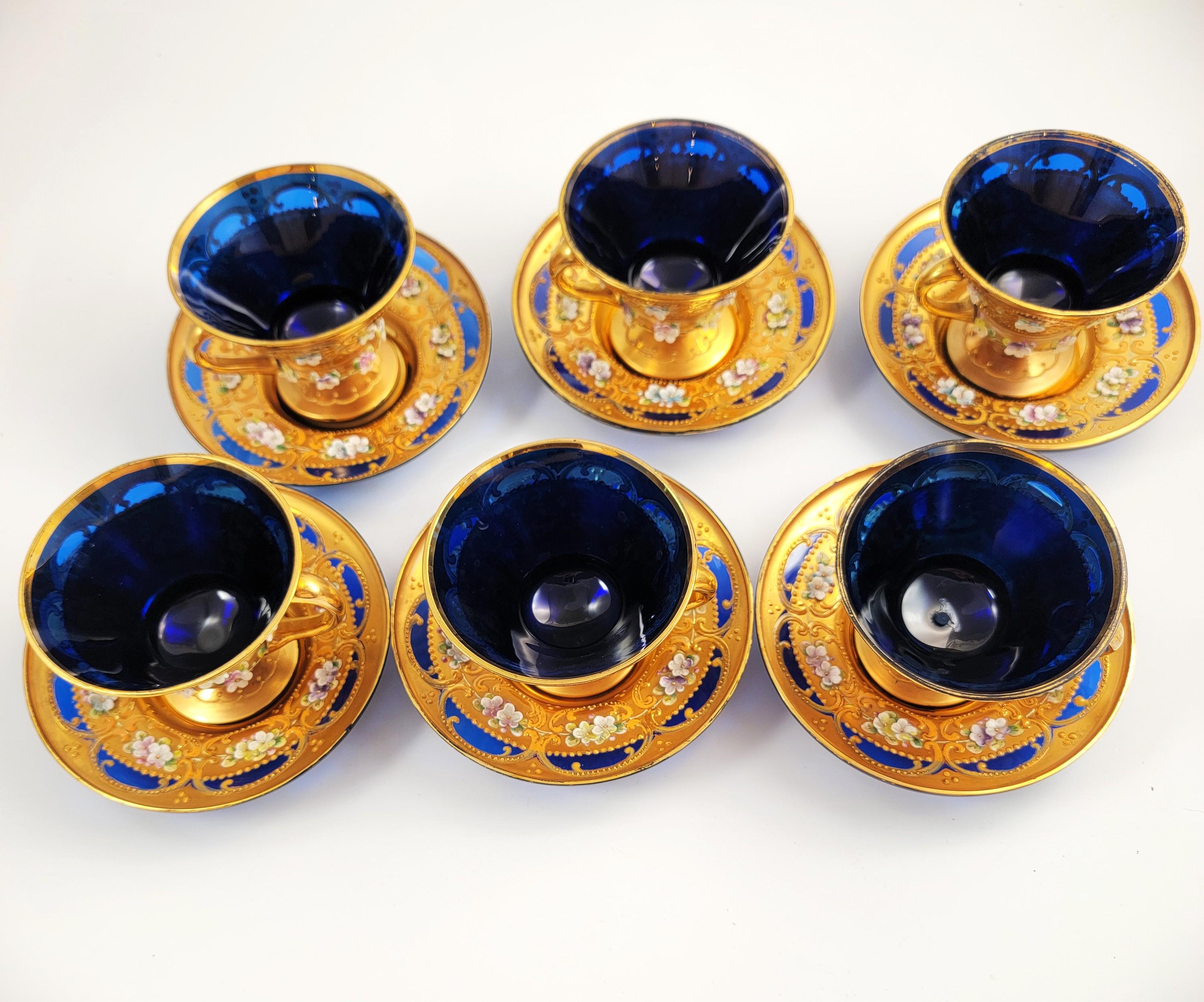 Antique Moser Tea Set: Hand-Gilded Cobalt Glass, Raised Enamel, c.1890