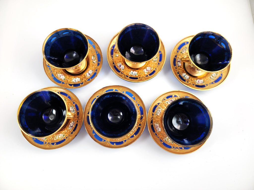 Antique Moser Tea Set: Hand-Gilded Cobalt Glass, Raised Enamel, c.1890
