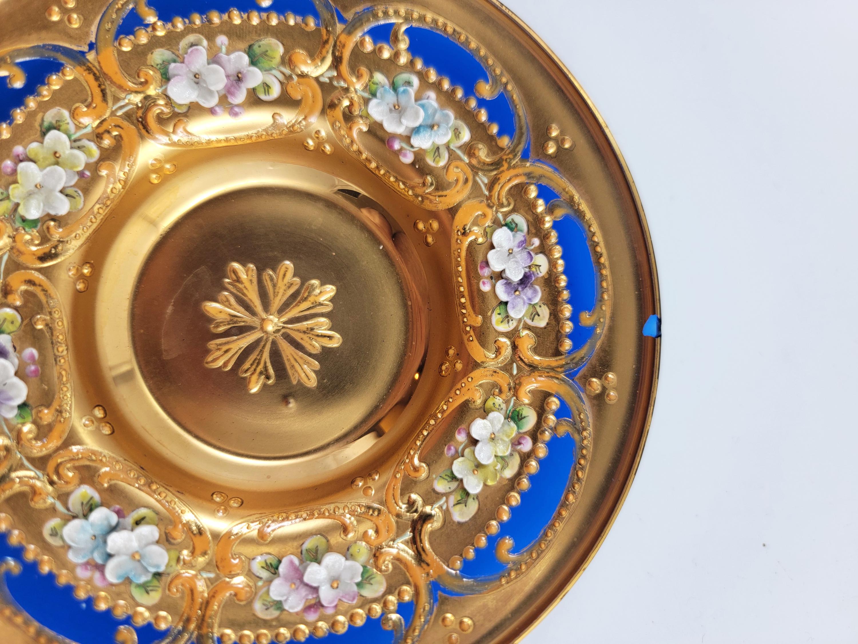 Antique Moser Tea Set: Hand-Gilded Cobalt Glass, Raised Enamel, c.1890
