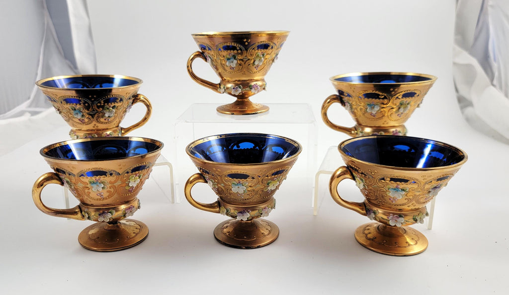 Antique Moser Tea Set: Hand-Gilded Cobalt Glass, Raised Enamel, c.1890