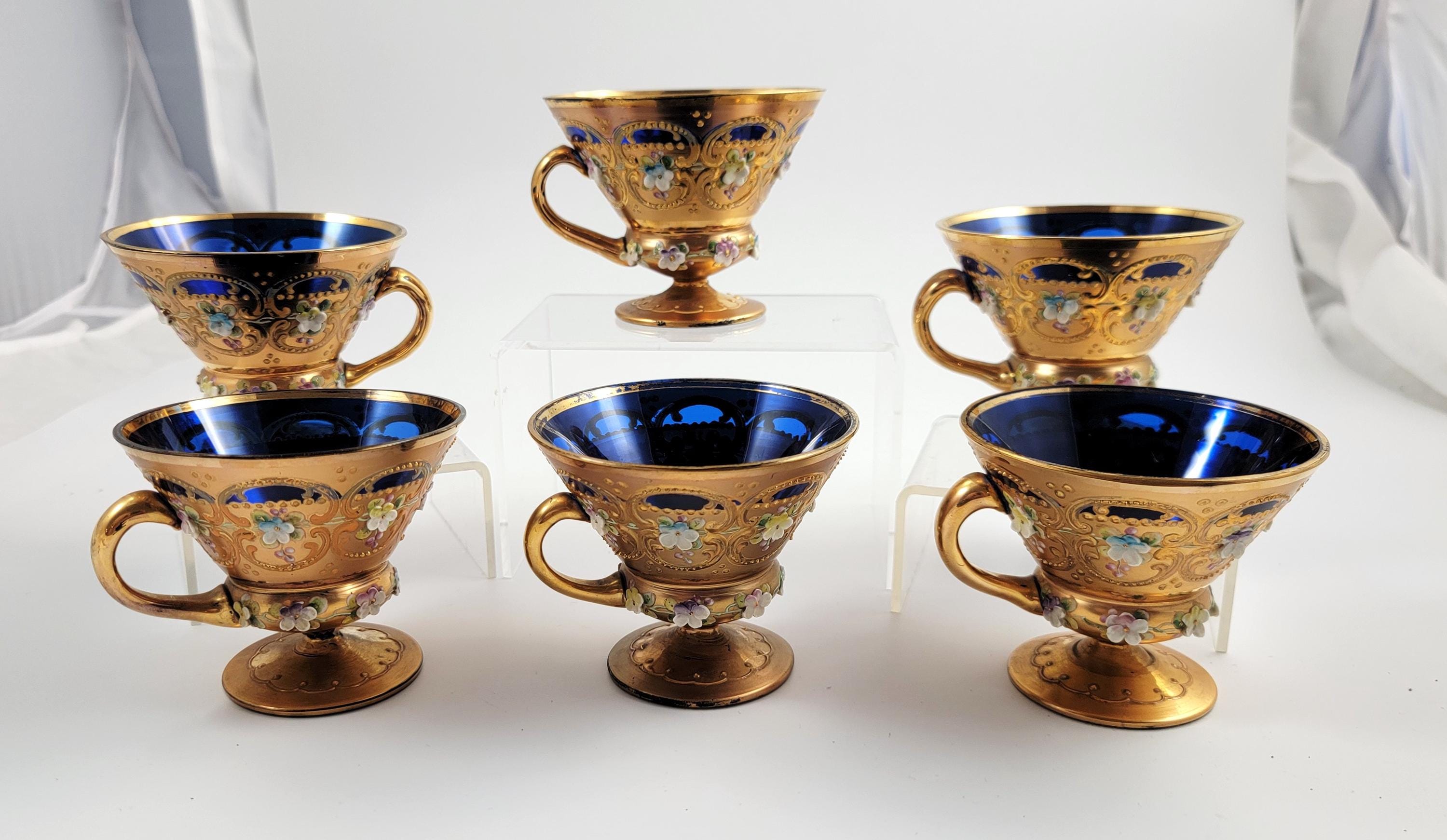 Antique Moser Tea Set: Hand-Gilded Cobalt Glass, Raised Enamel, c.1890