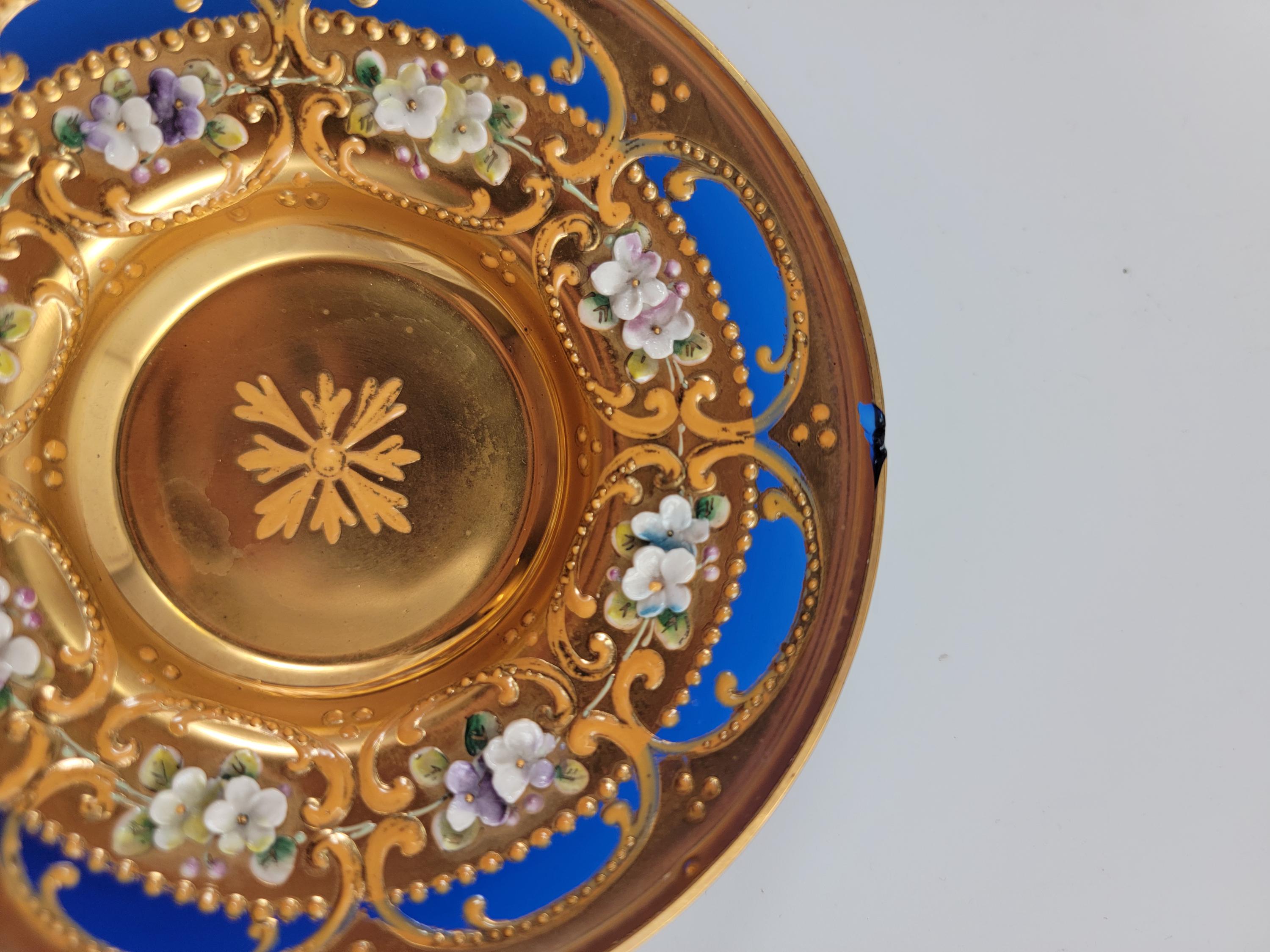 Antique Moser Tea Set: Hand-Gilded Cobalt Glass, Raised Enamel, c.1890