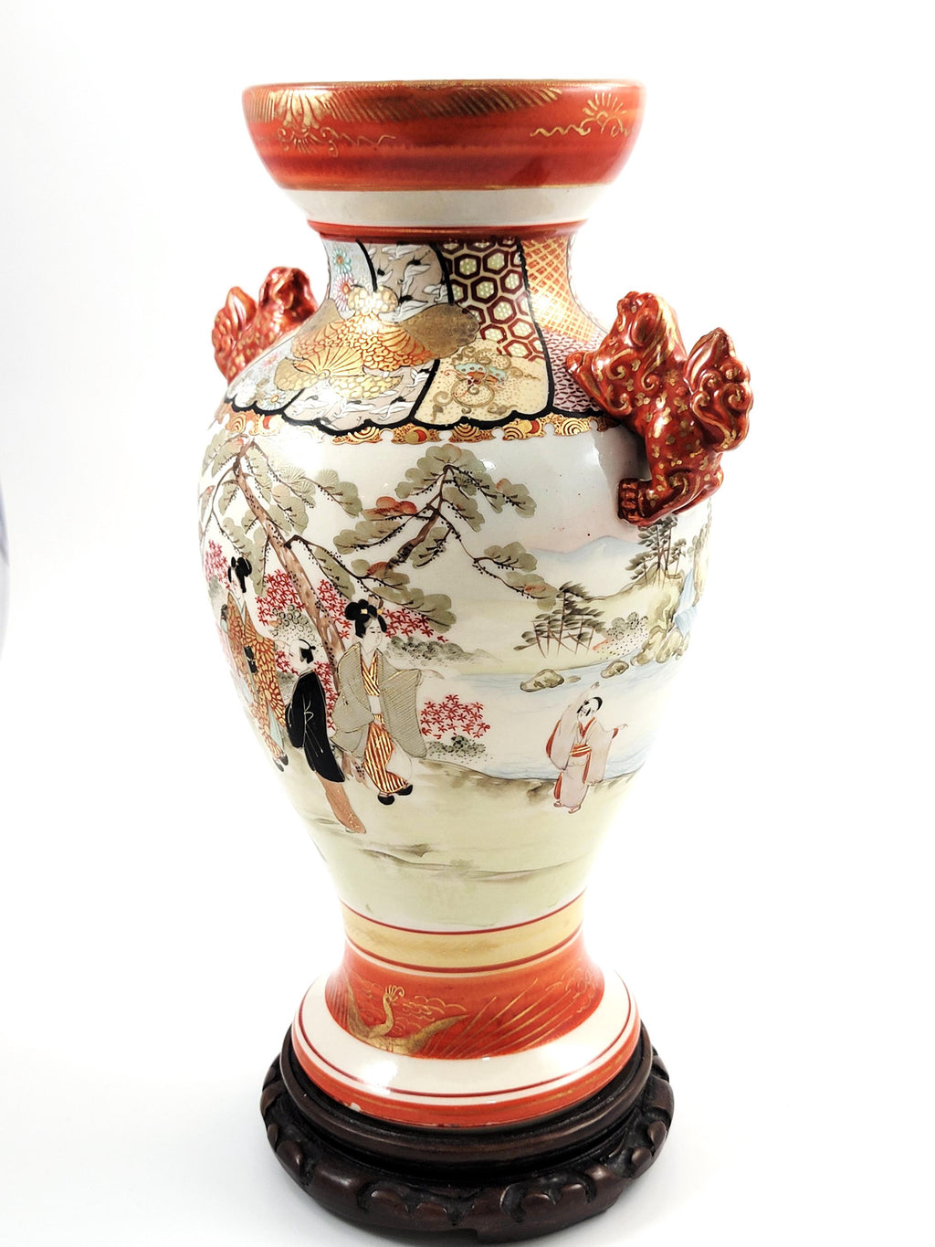 Large Antique Kutani Vase, Japan, Moriage Enamel, Lion Handles, c.1890, with Original Walnut Stand