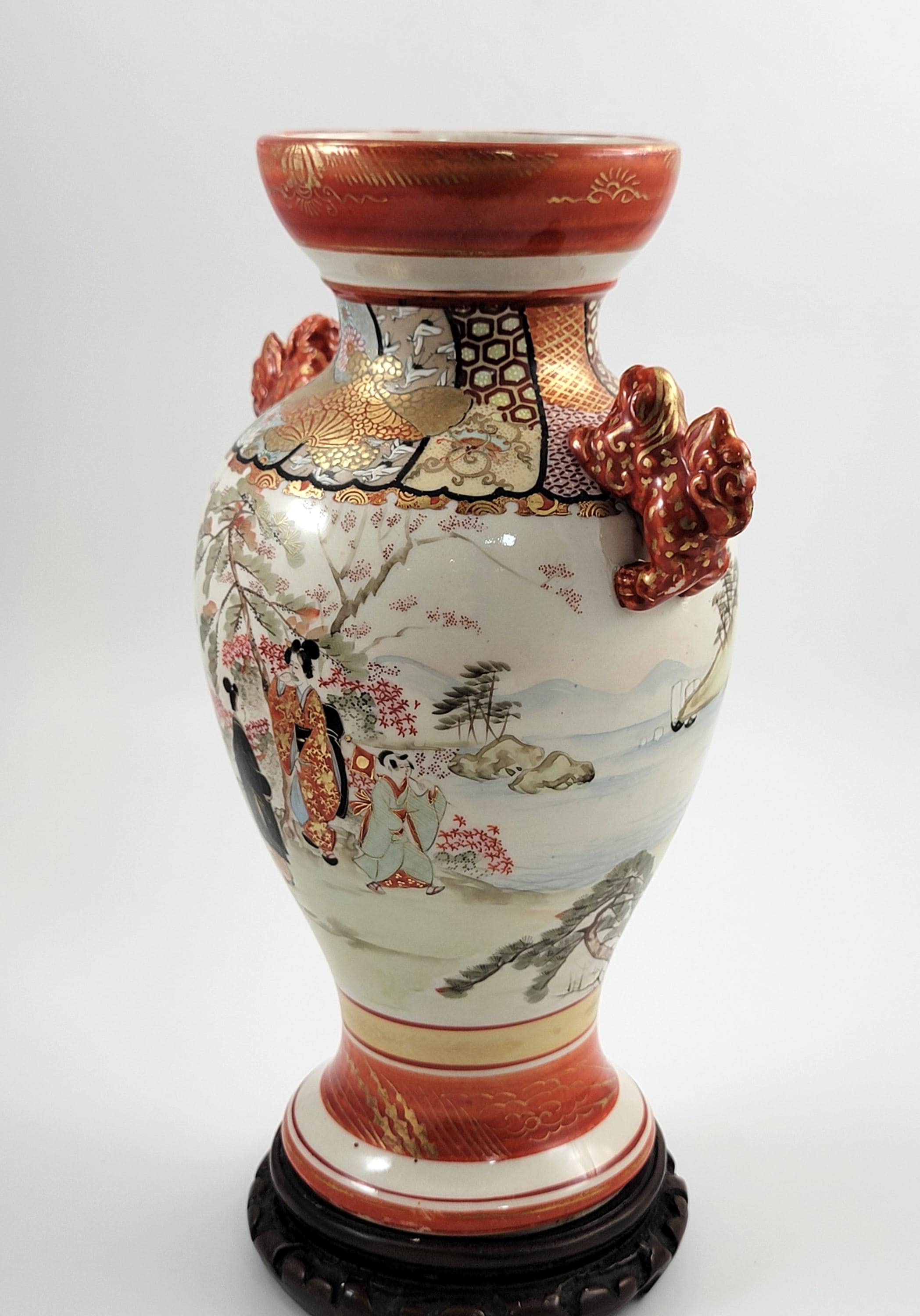 Large Antique Kutani Vase, Japan, Moriage Enamel, Lion Handles, c.1890, with Original Walnut Stand