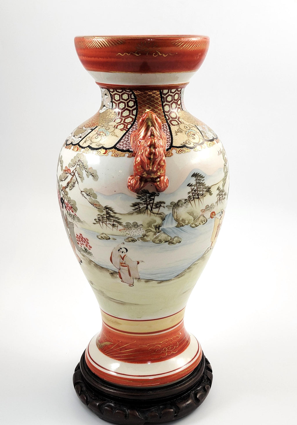 Large Antique Kutani Vase, Japan, Moriage Enamel, Lion Handles, c.1890, with Original Walnut Stand