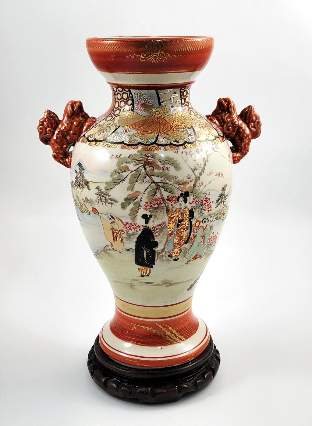 Large Antique Kutani Vase, Japan, Moriage Enamel, Lion Handles, c.1890, with Original Walnut Stand