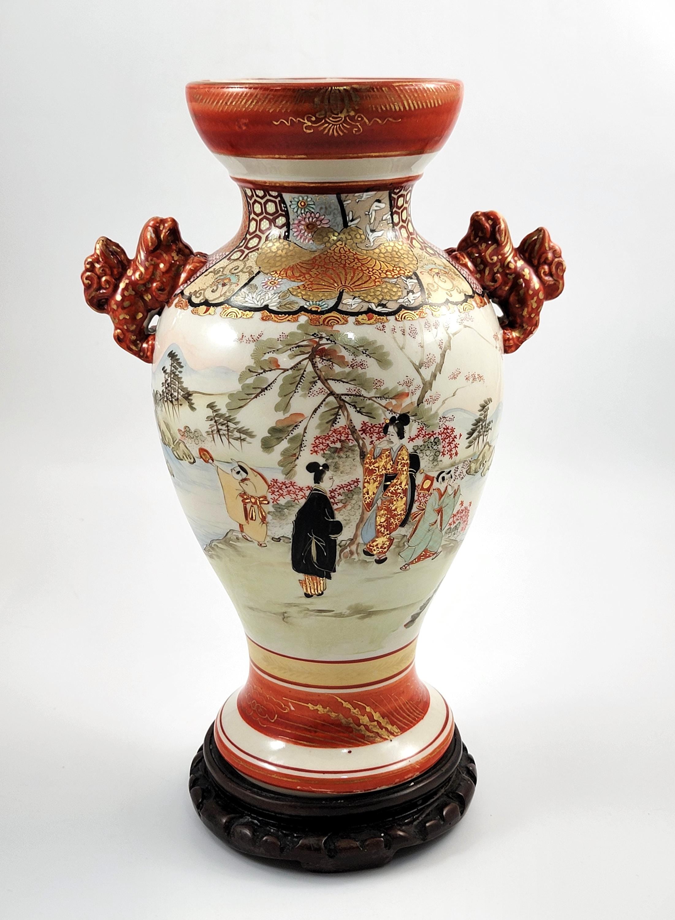 Large Antique Kutani Vase, Japan, Moriage Enamel, Lion Handles, c.1890, with Original Walnut Stand