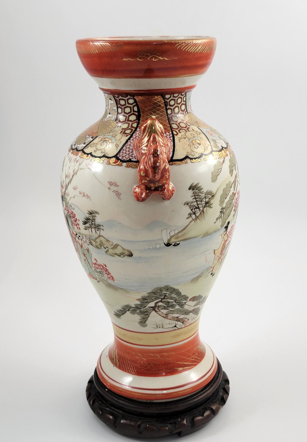 Large Antique Kutani Vase, Japan, Moriage Enamel, Lion Handles, c.1890, with Original Walnut Stand