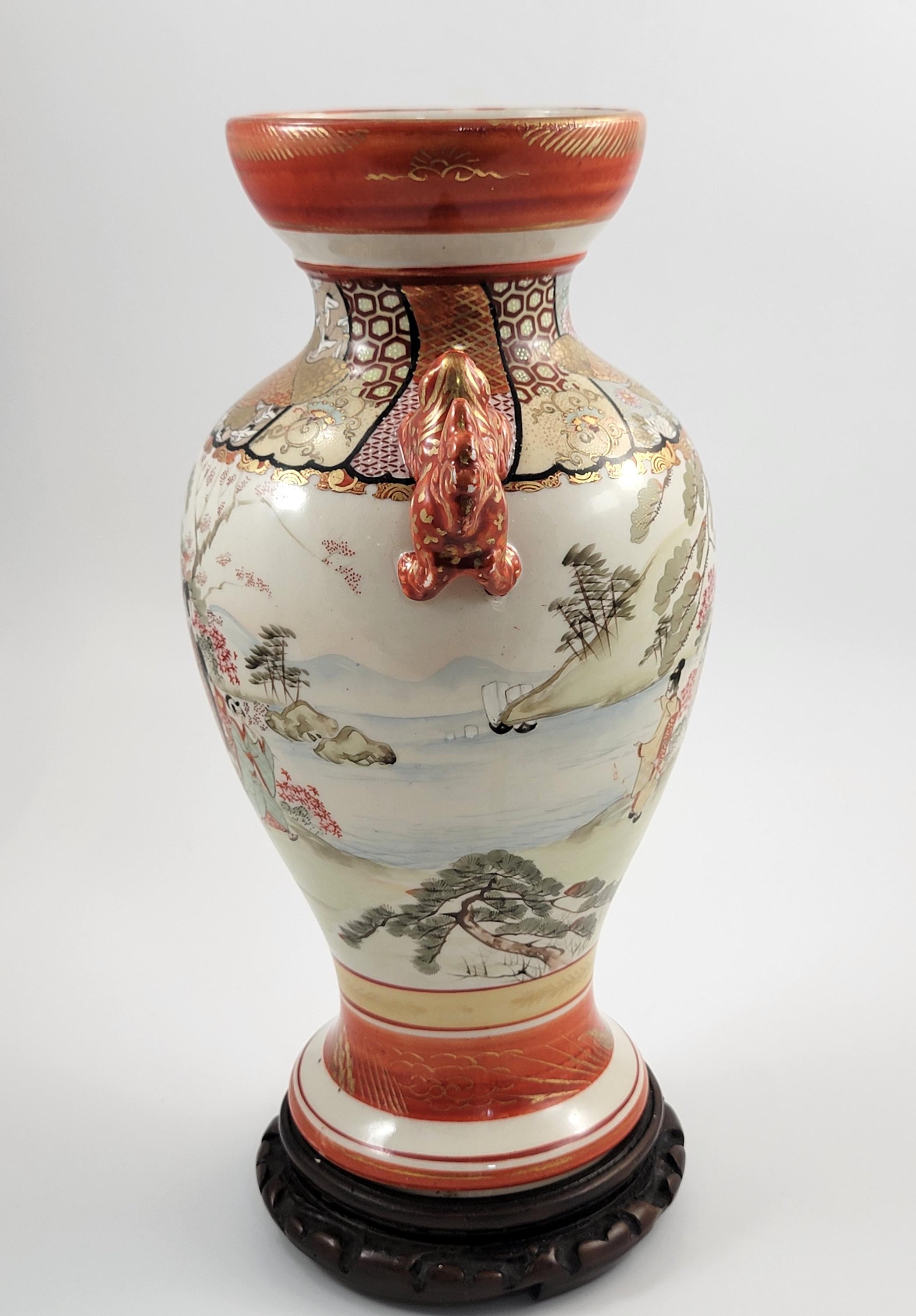 Large Antique Kutani Vase, Japan, Moriage Enamel, Lion Handles, c.1890, with Original Walnut Stand