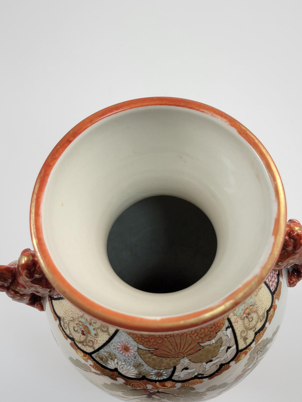 Large Antique Kutani Vase, Japan, Moriage Enamel, Lion Handles, c.1890, with Original Walnut Stand